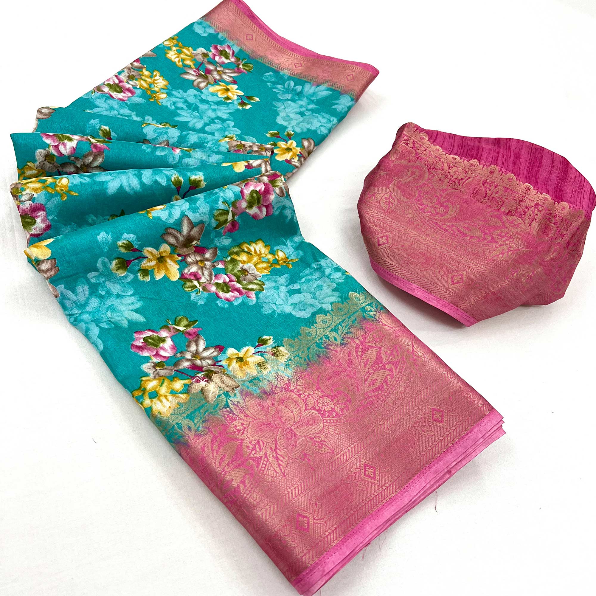 Rama Blue Floral Printed With Woven Border Dola Silk Saree