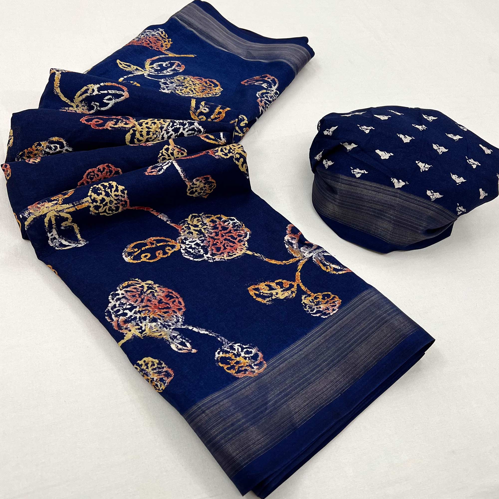 Blue Floral Printed Dola Silk Saree
