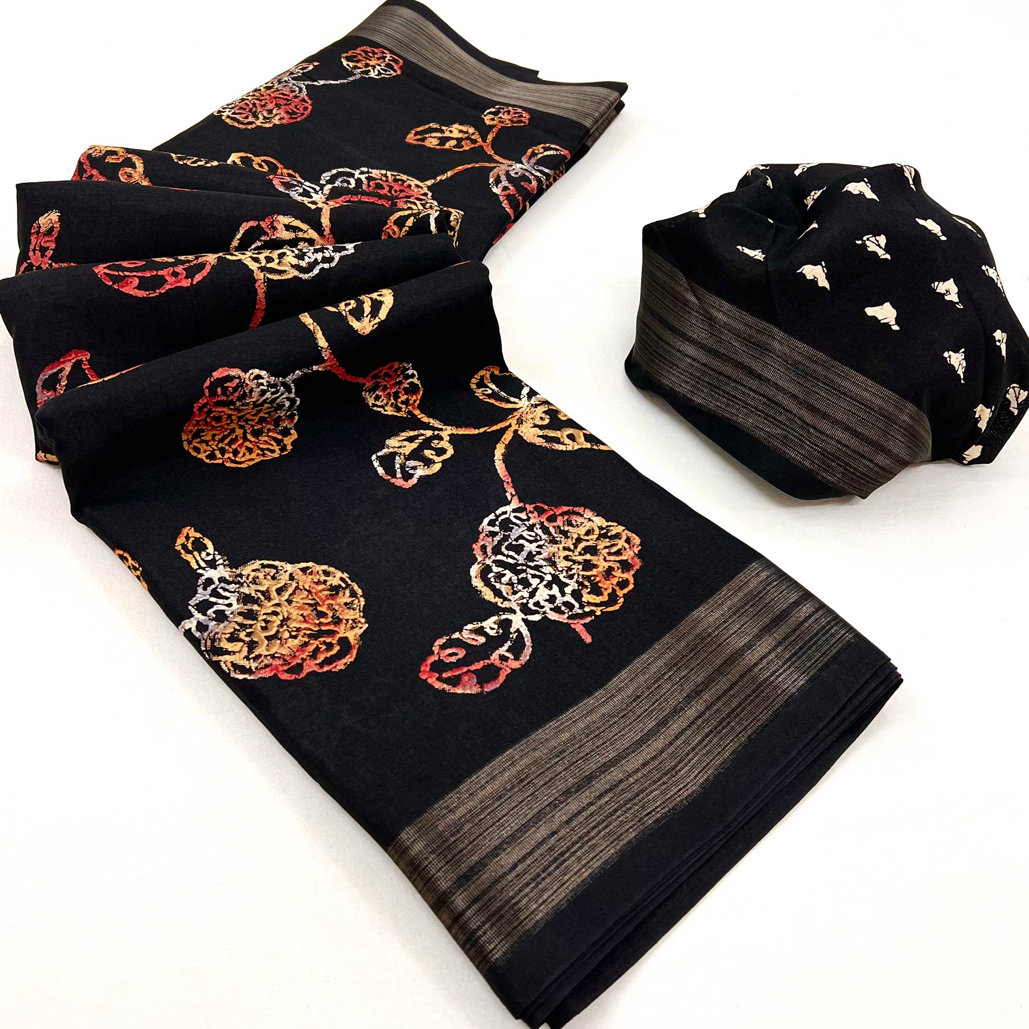 Black Floral Printed Dola Silk Saree
