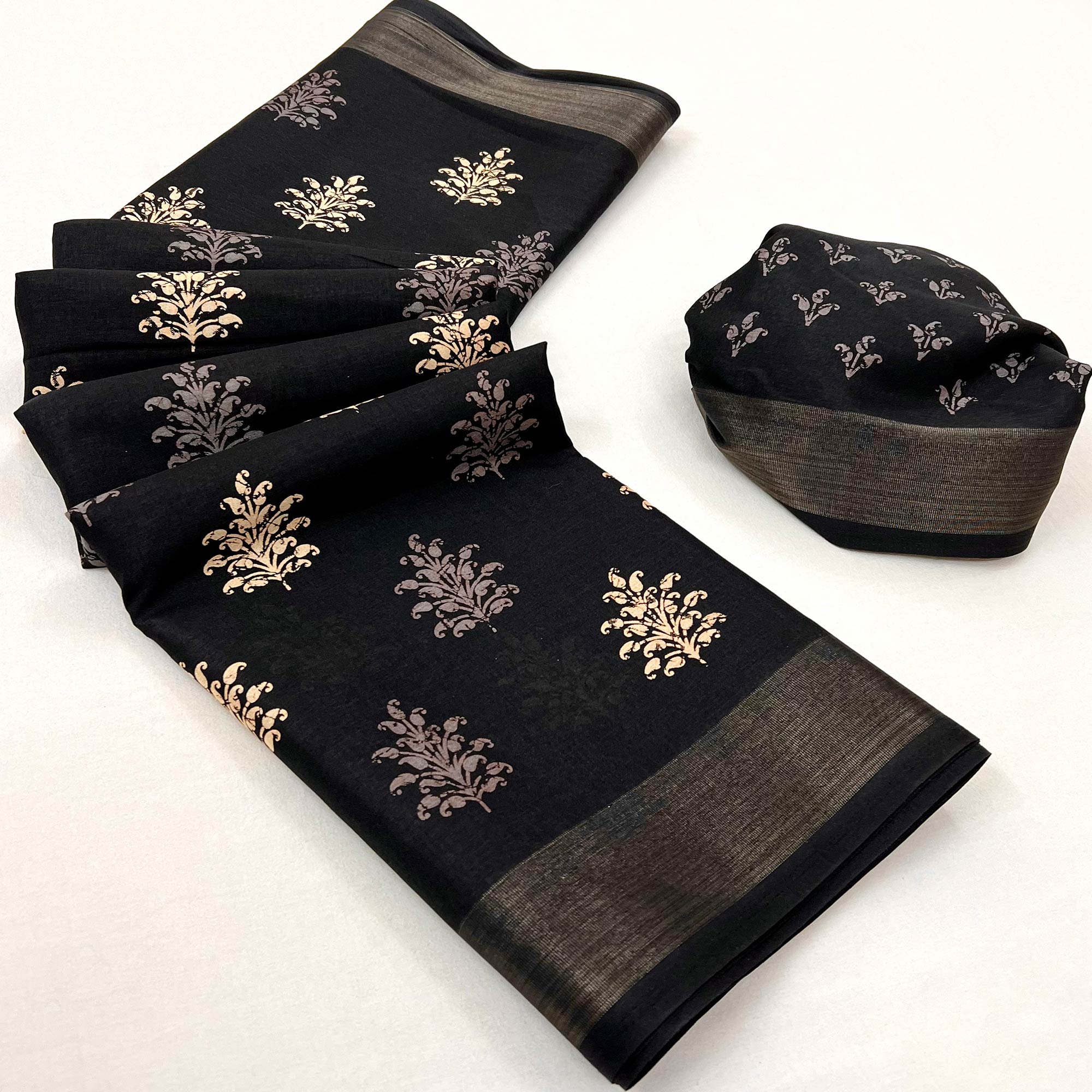 Black Printed Dola Silk Saree With Woven Border