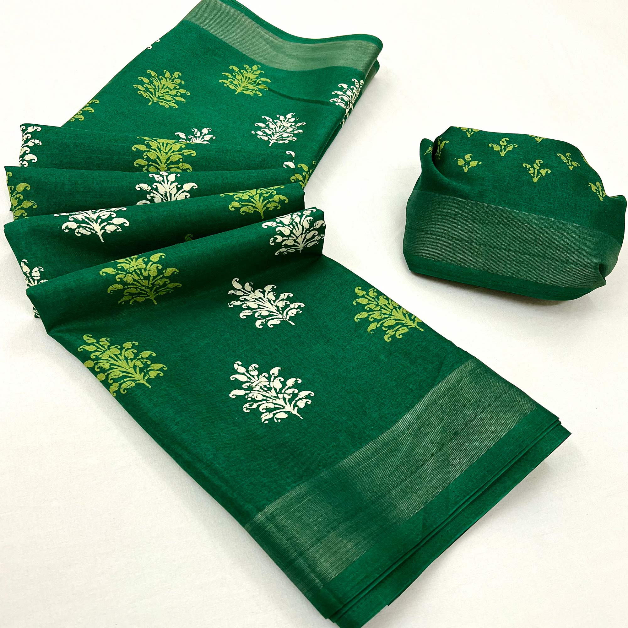 Green Printed Dola Silk Saree With Woven Border