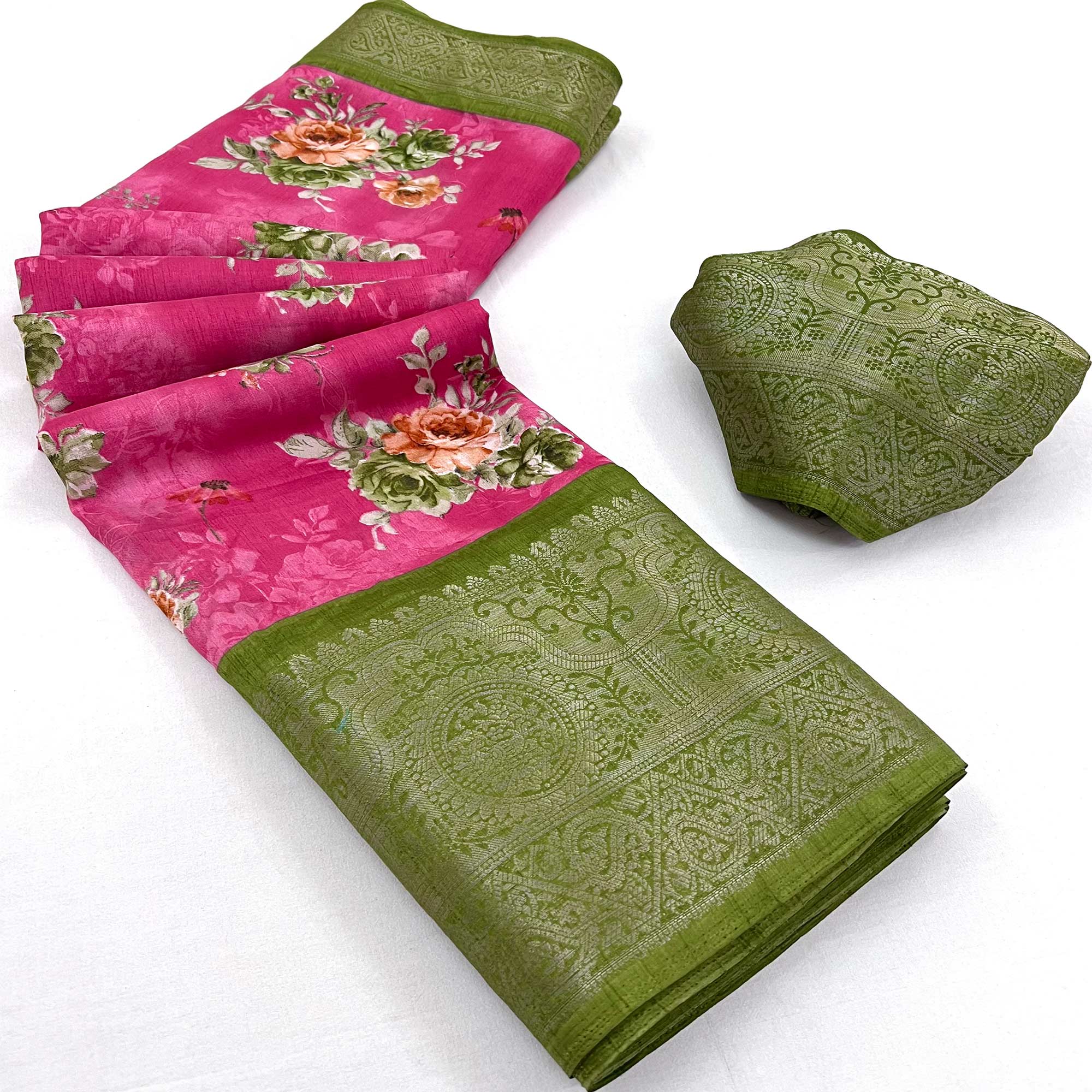 Rani Pink Floral Printed Dola Silk Saree With Woven Border