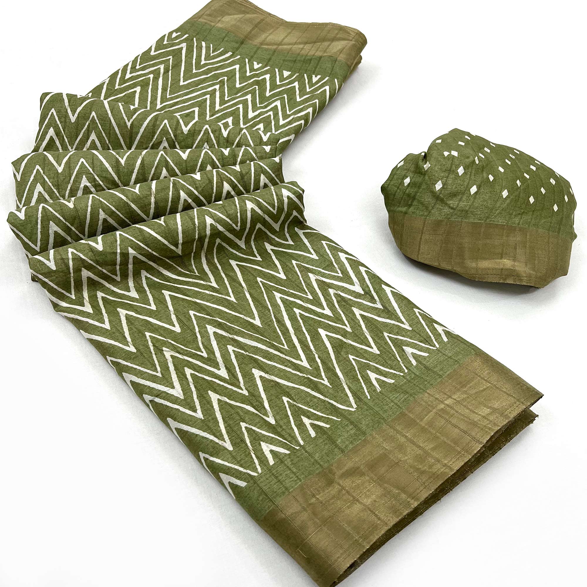 Green Printed Cotton Blend Saree With Woven Border