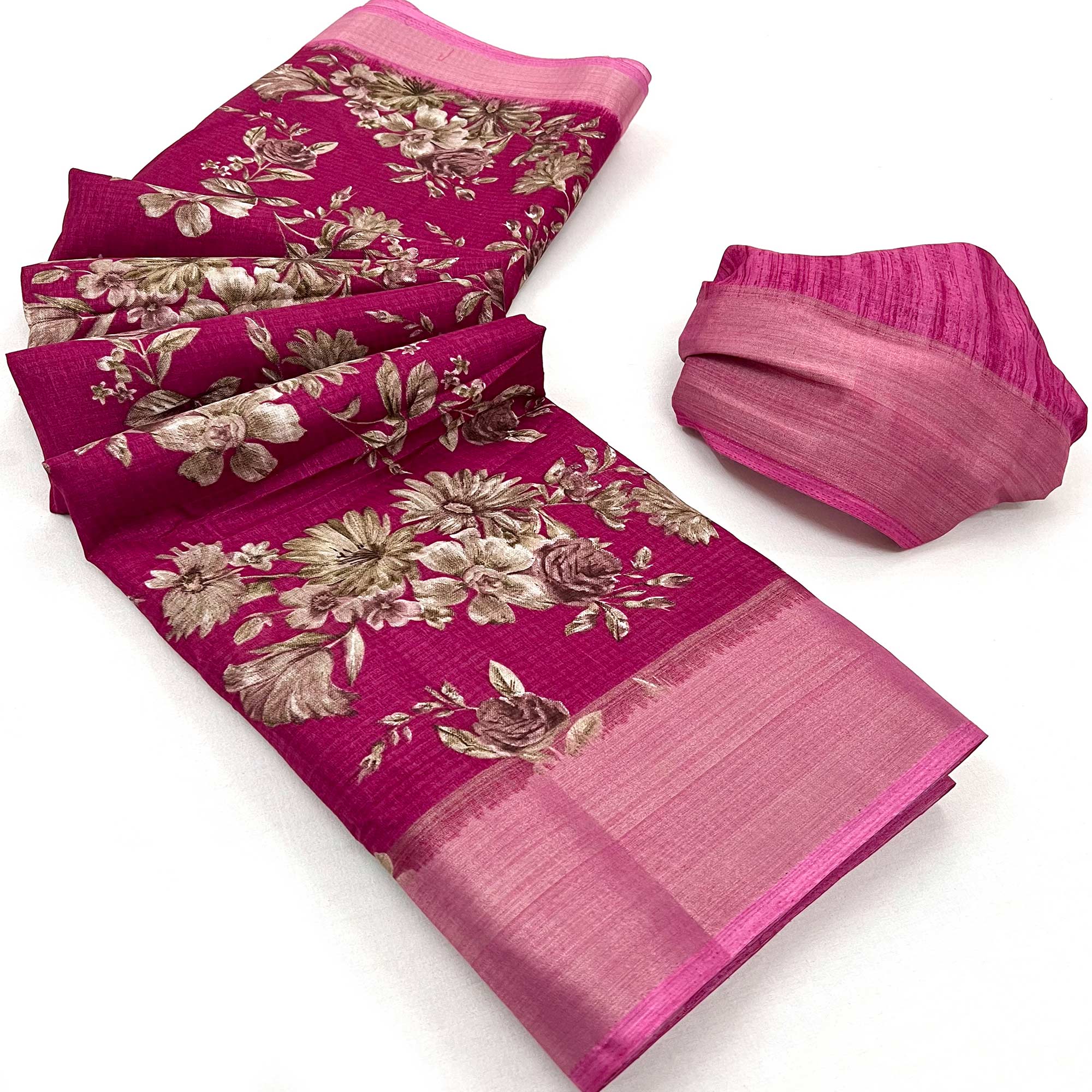 Rani Pink Floral Printed Dola Silk Saree With Woven Border