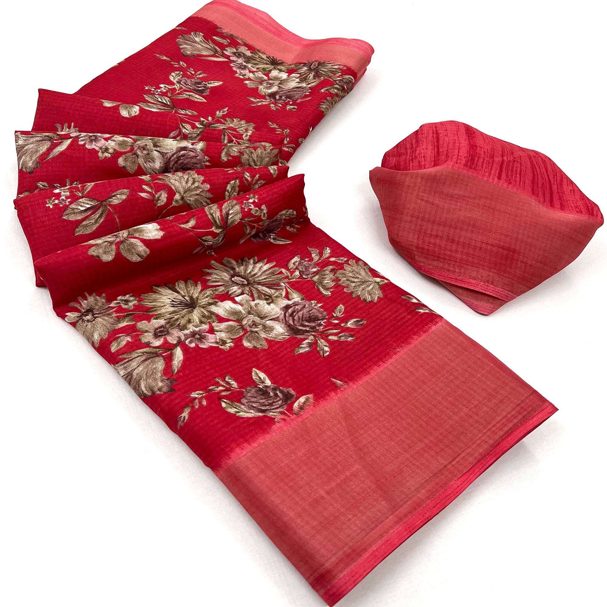 Red Floral Printed Dola Silk Saree With Woven Border