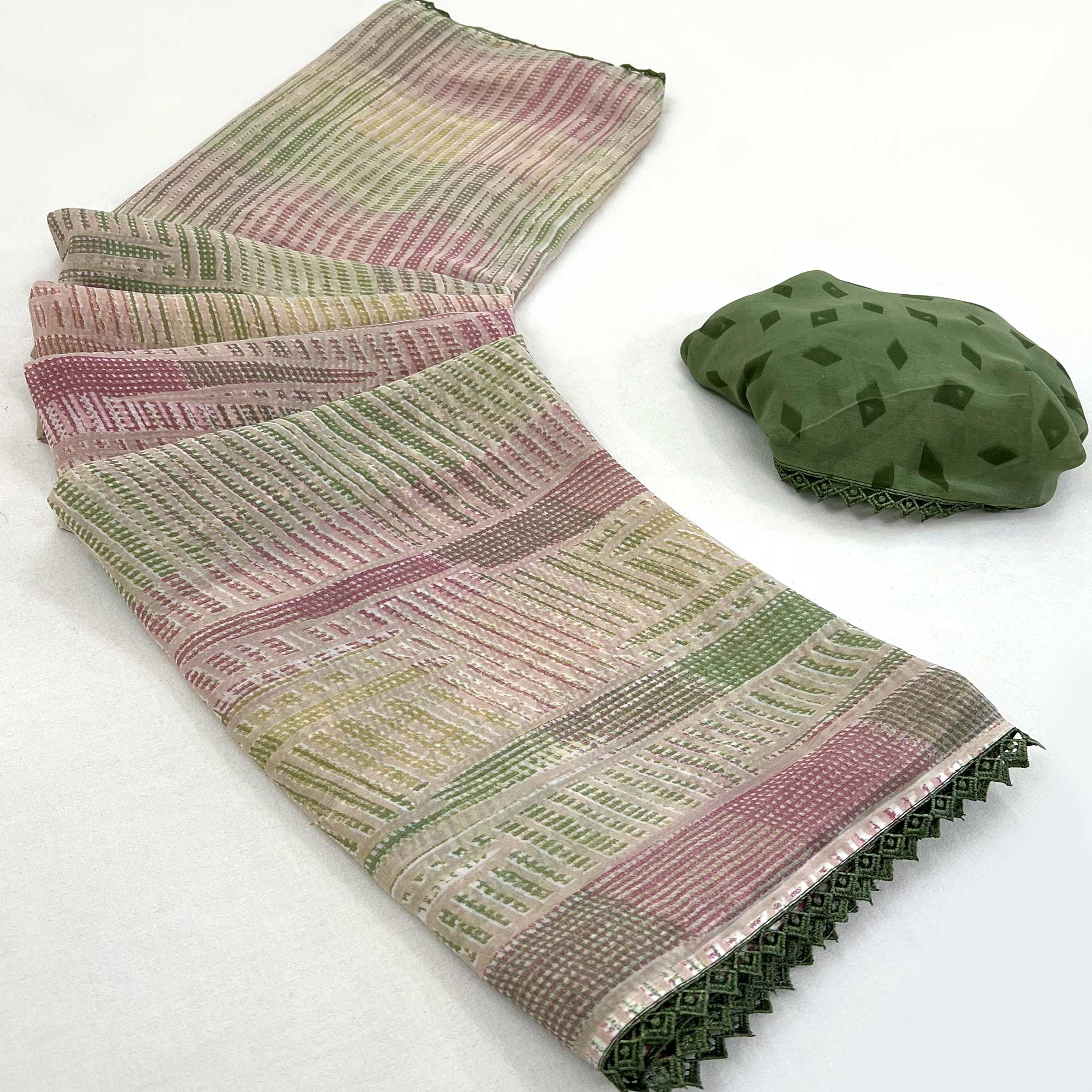 Green Printed Georgette Saree With Fancy Border