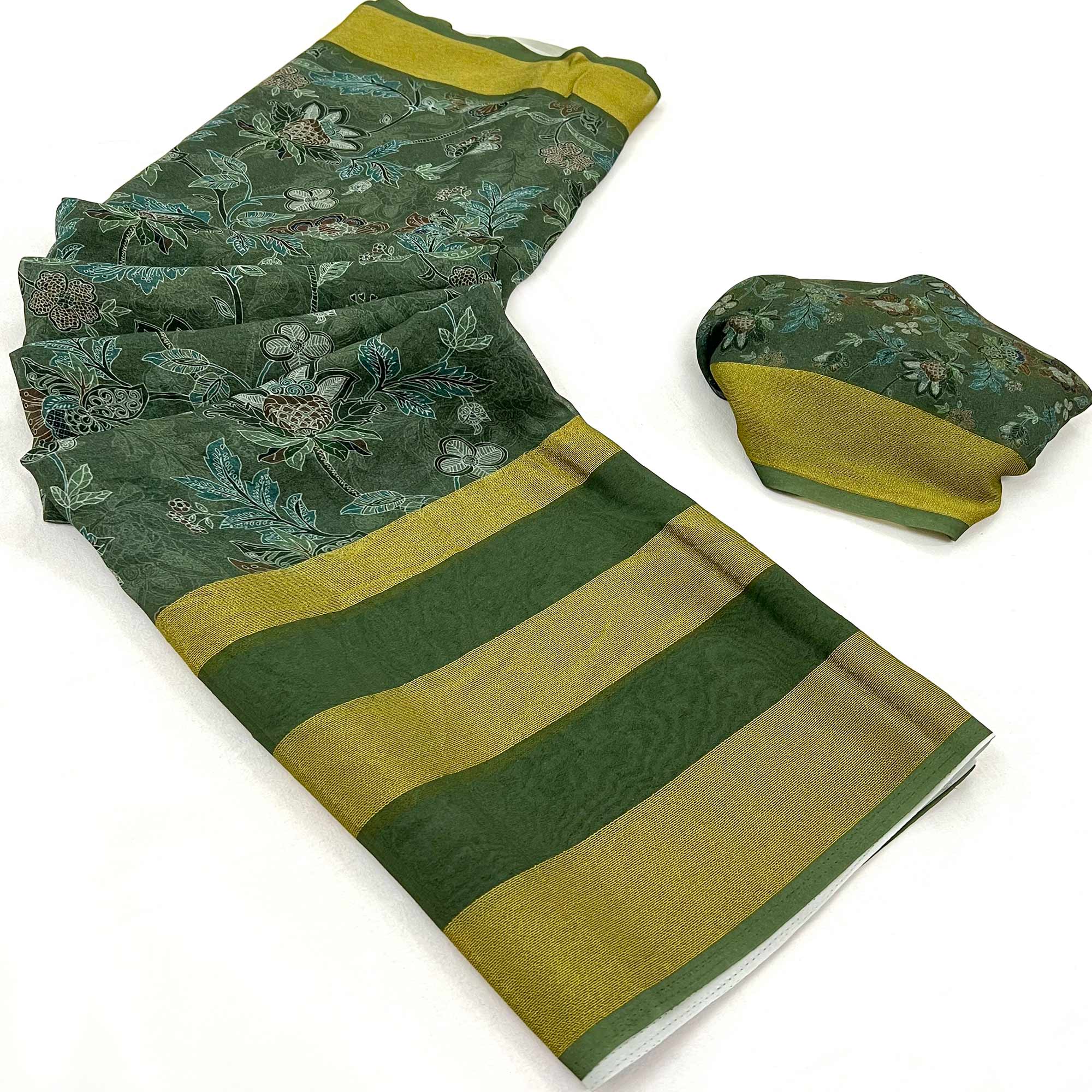 Green Floral Digital Printed Georgette Saree