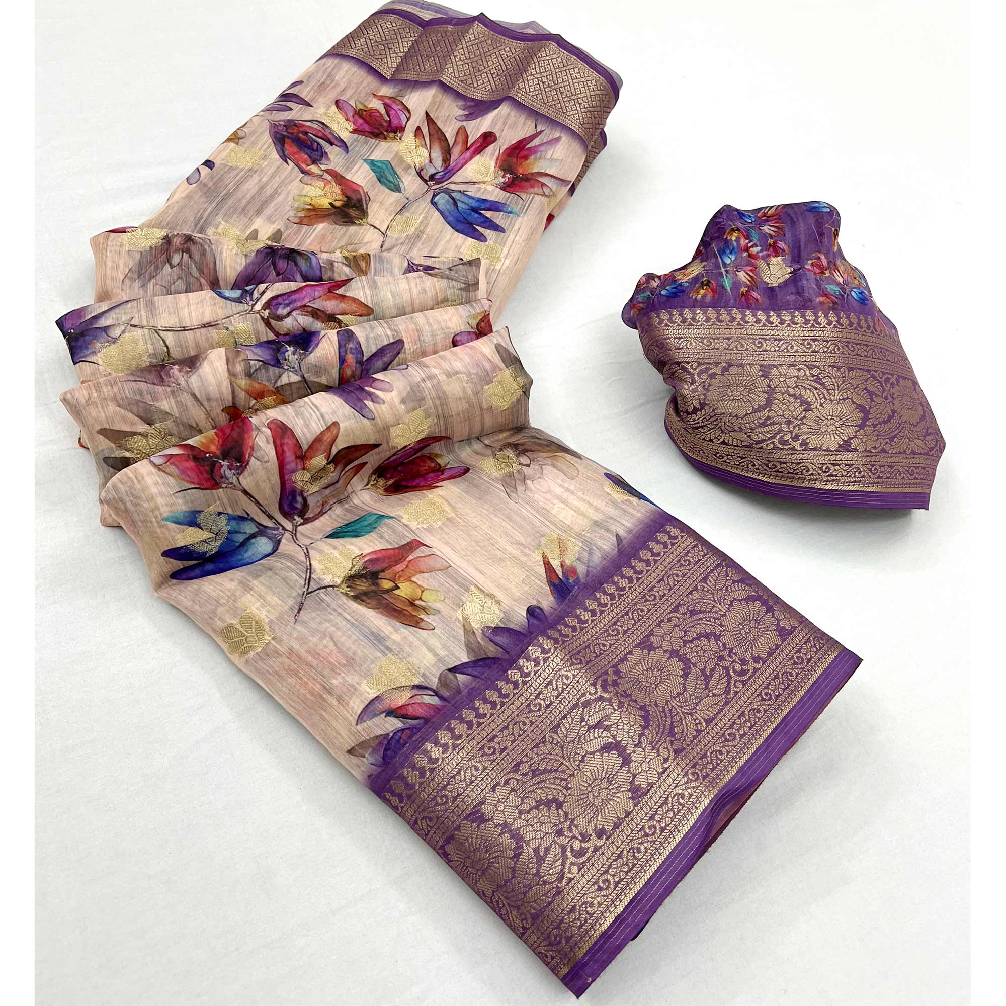 Beige Floral Digital Printed With Woven Border Cotton Silk Saree