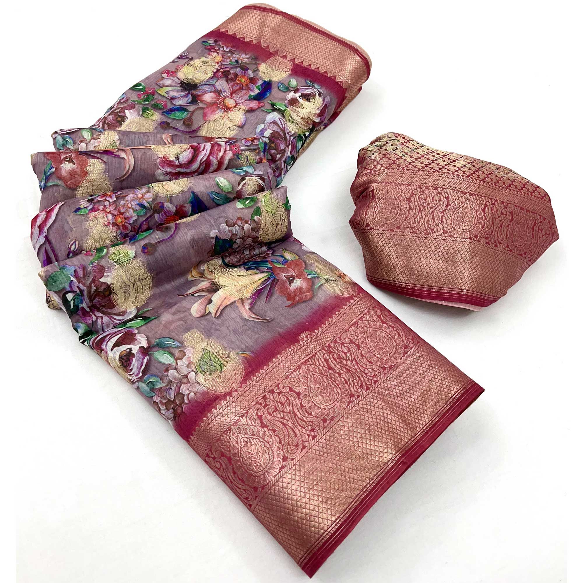 Mauve Floral Digital Printed With Woven Border Cotton Silk Saree