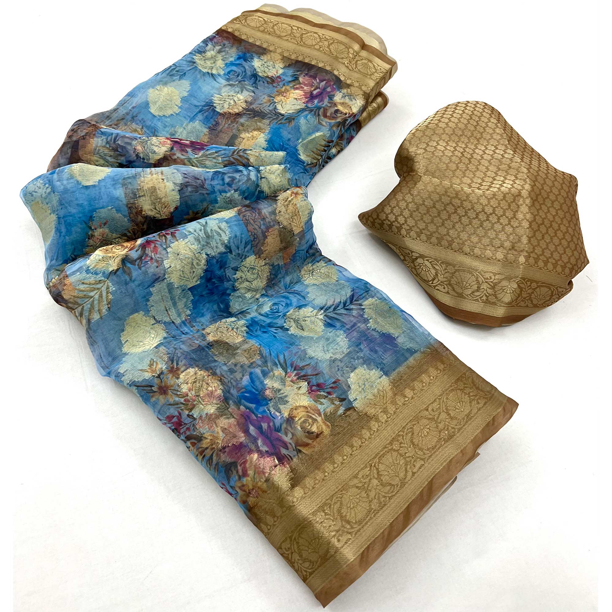 Blue Floral Digital Printed With Woven Border Cotton Silk Saree