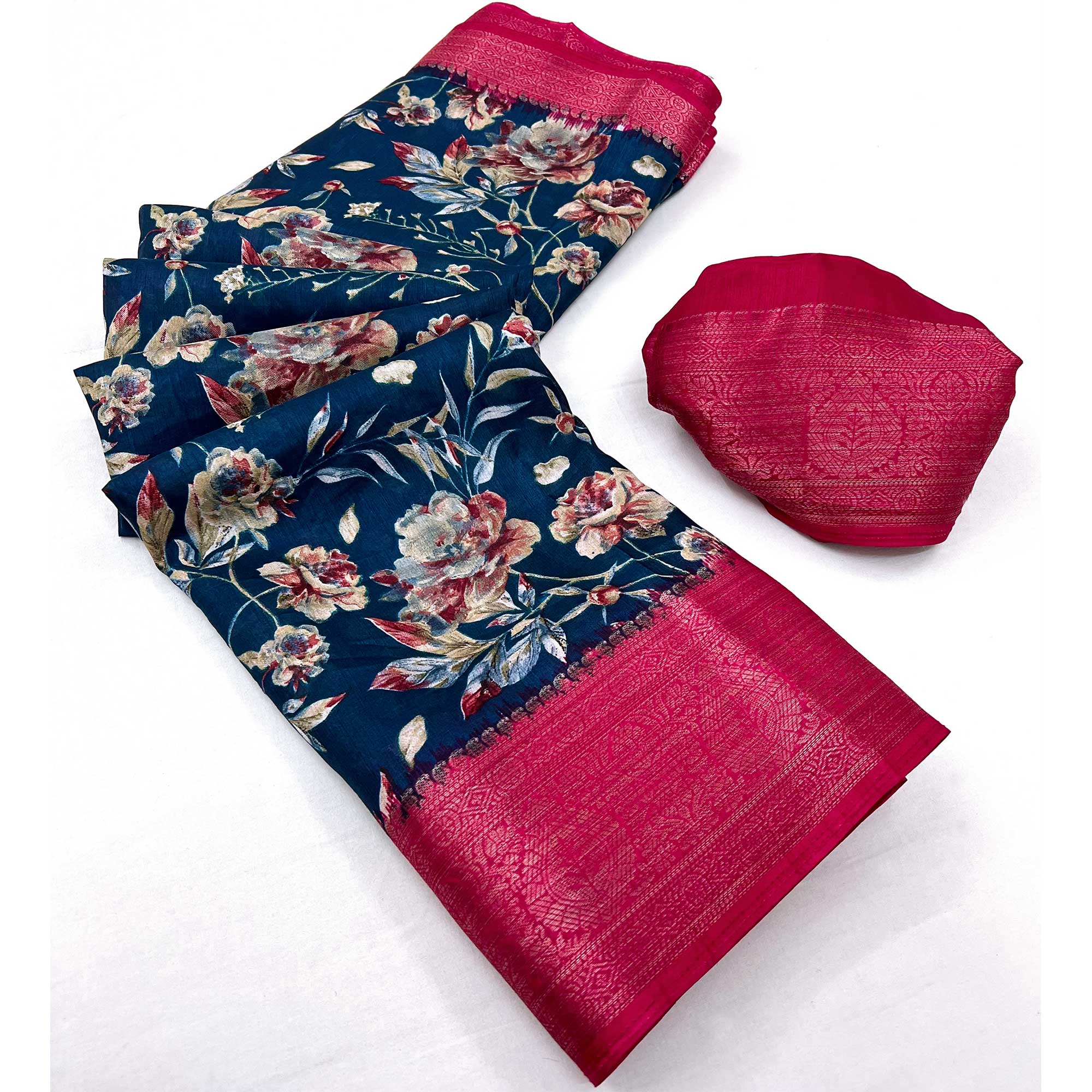 Navy Blue Floral Printed With Woven Border Dola Silk Saree