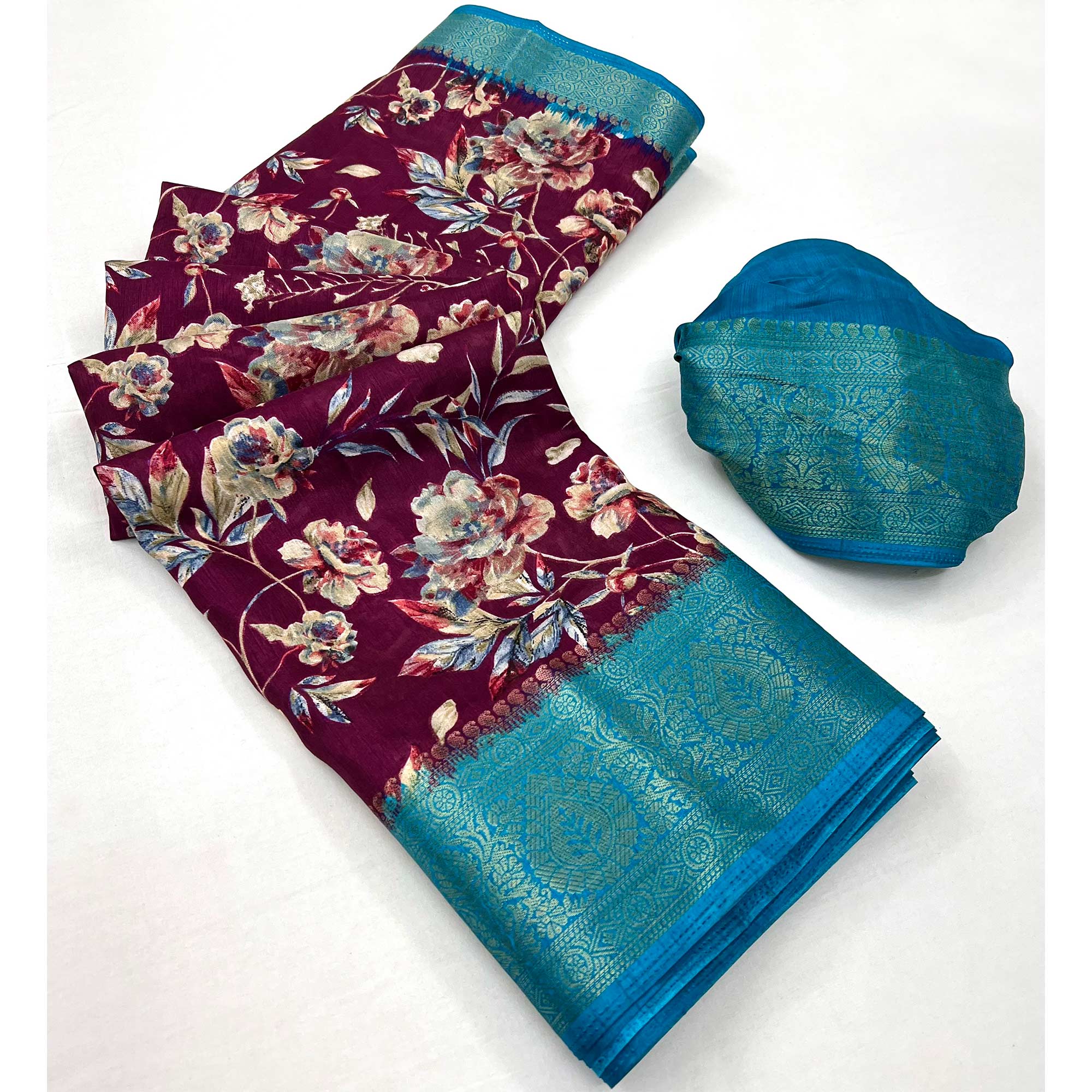 Wine Floral Printed With Woven Border Dola Silk Saree