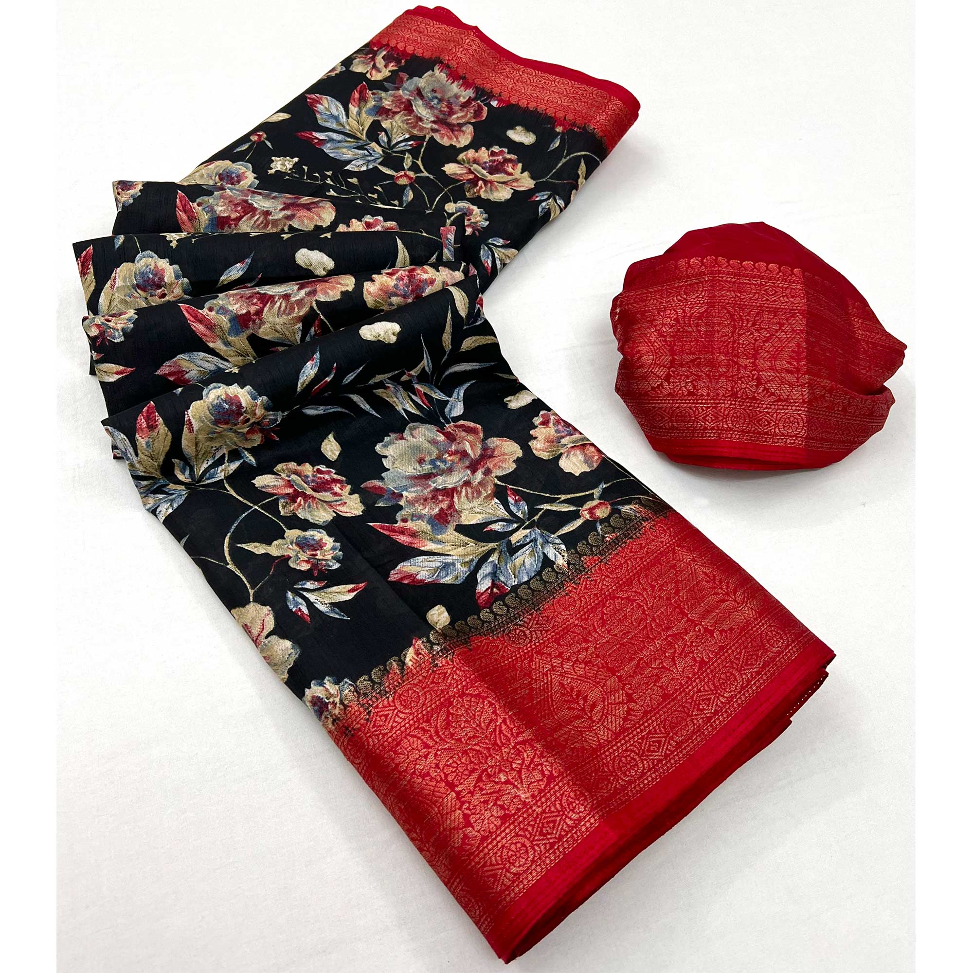 Black Floral Printed With Woven Border Dola Silk Saree