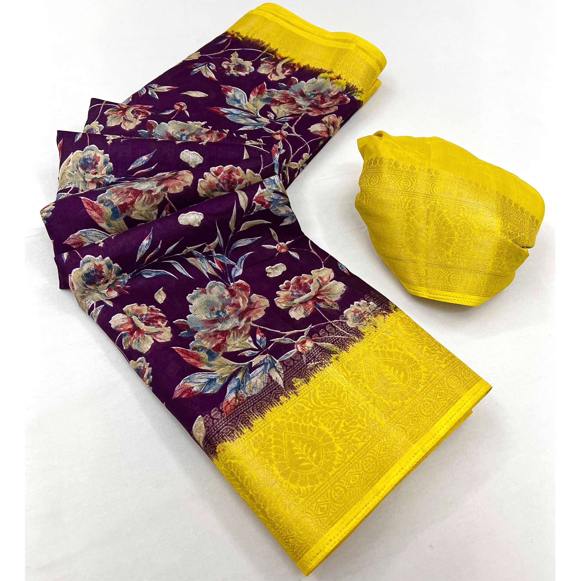 Purple Floral Printed With Woven Border Dola Silk Saree