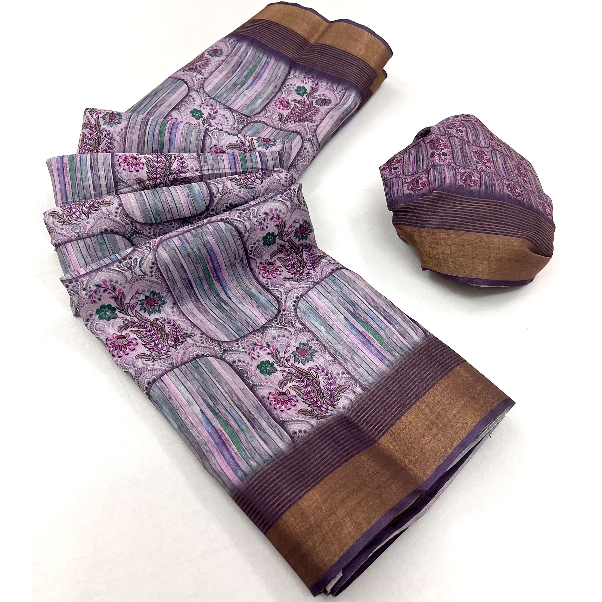 Purple Digital Printed With Woven Border Cotton Silk Saree