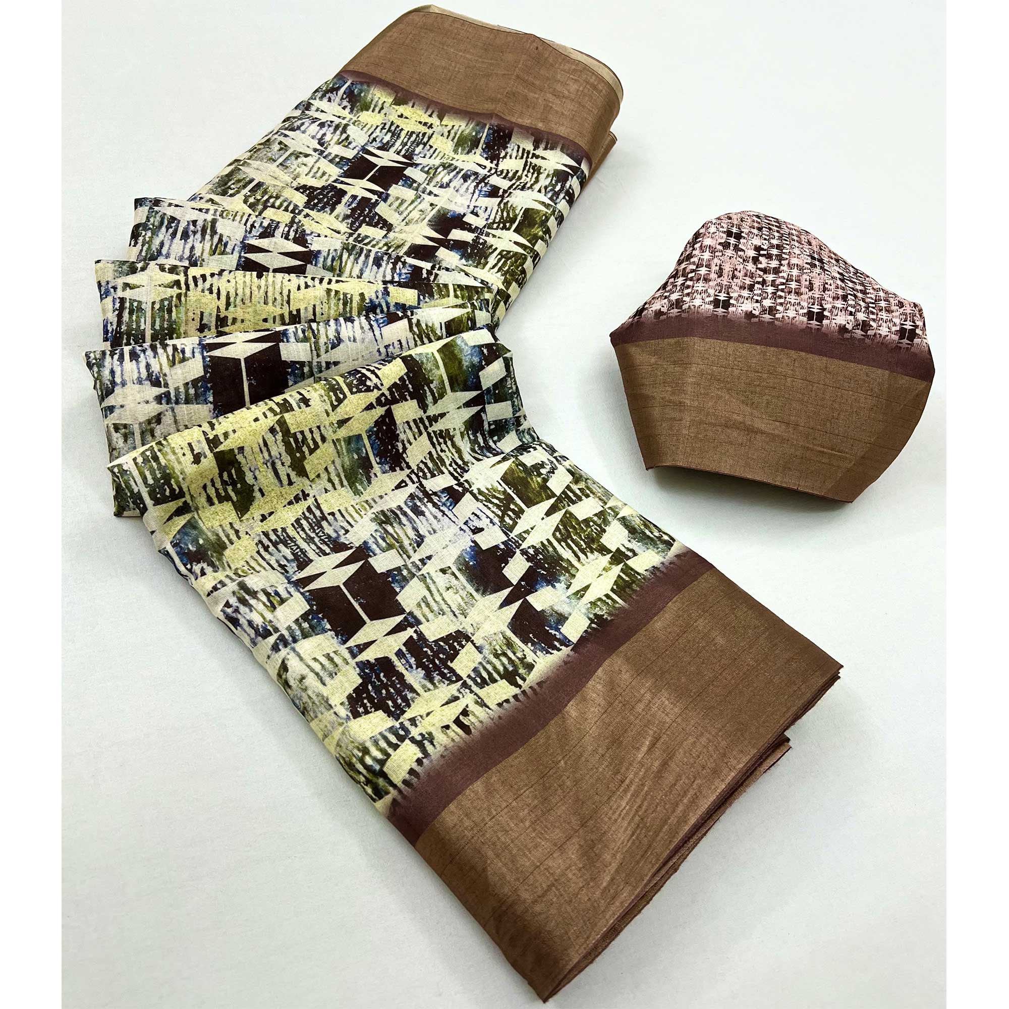 Multicolor Digital Printed With Woven Border Cotton Silk Saree