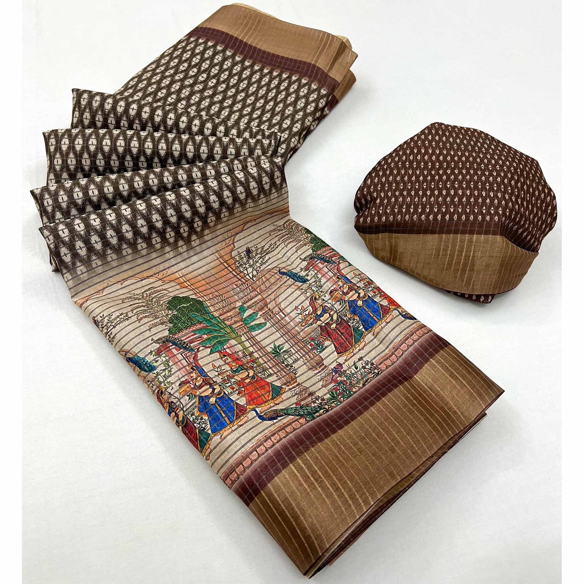 Coffee Brown Digital Printed With Woven Border Cotton Silk Saree