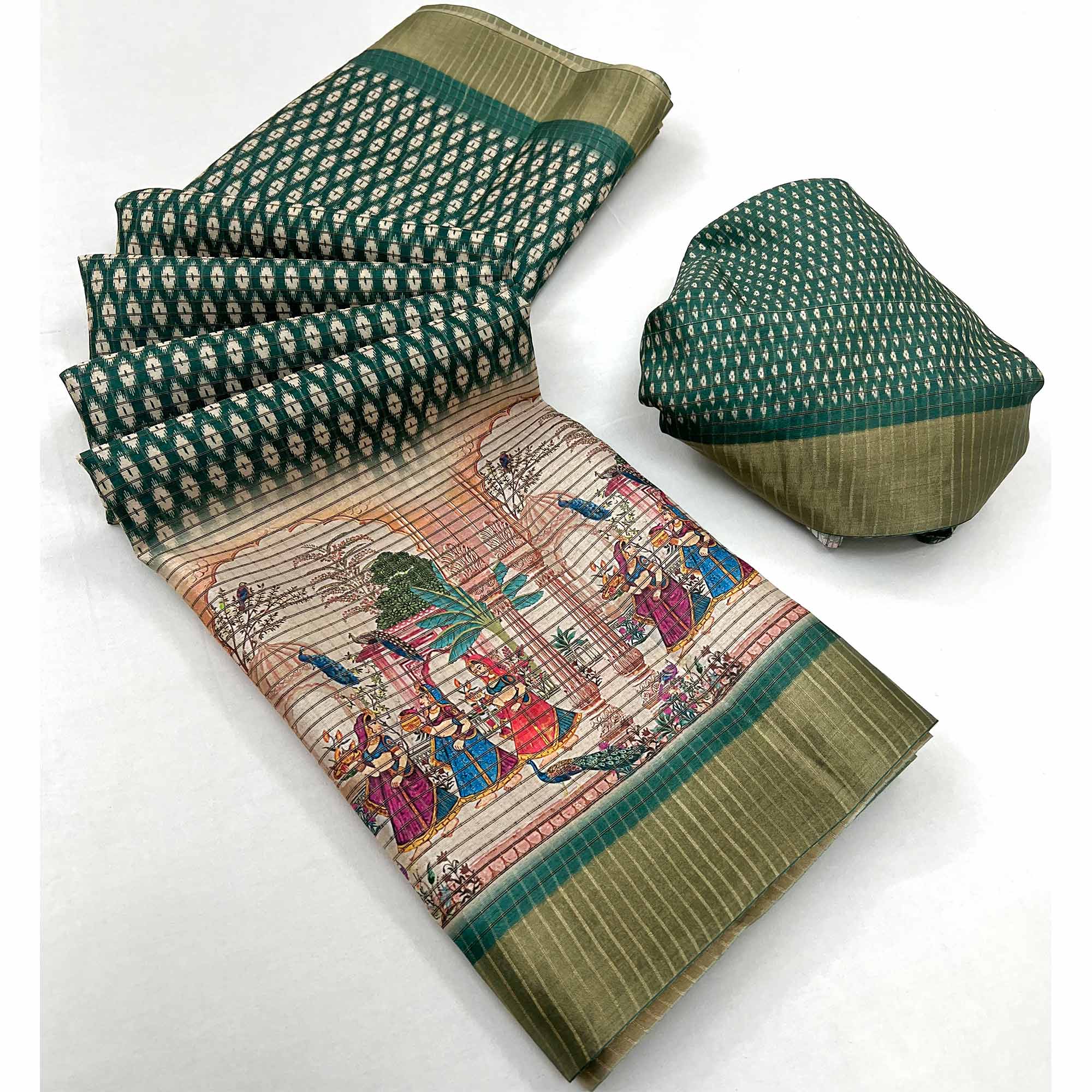 Green Digital Printed With Woven Border Cotton Silk Saree