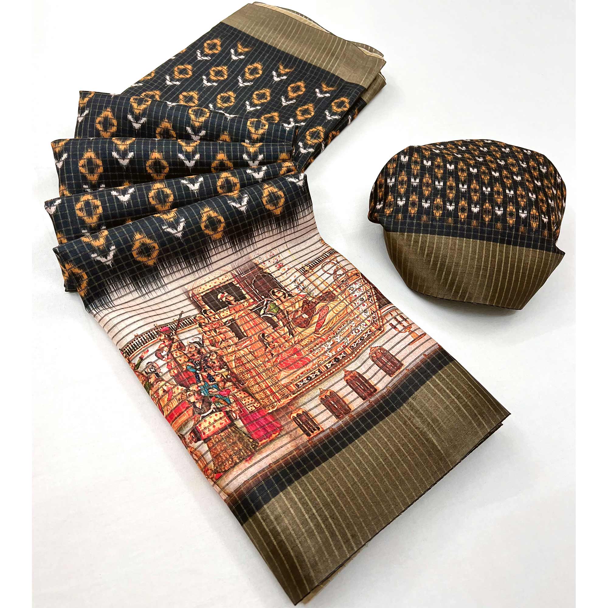 Black Digital Printed With Woven Border Cotton Silk Saree