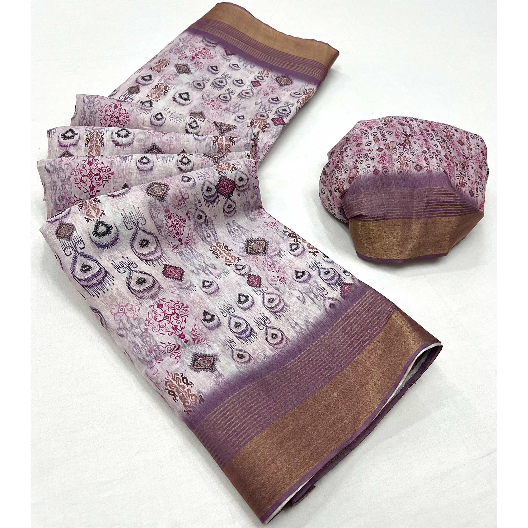 White & Mauve Digital Printed With Woven Border Cotton Silk Saree