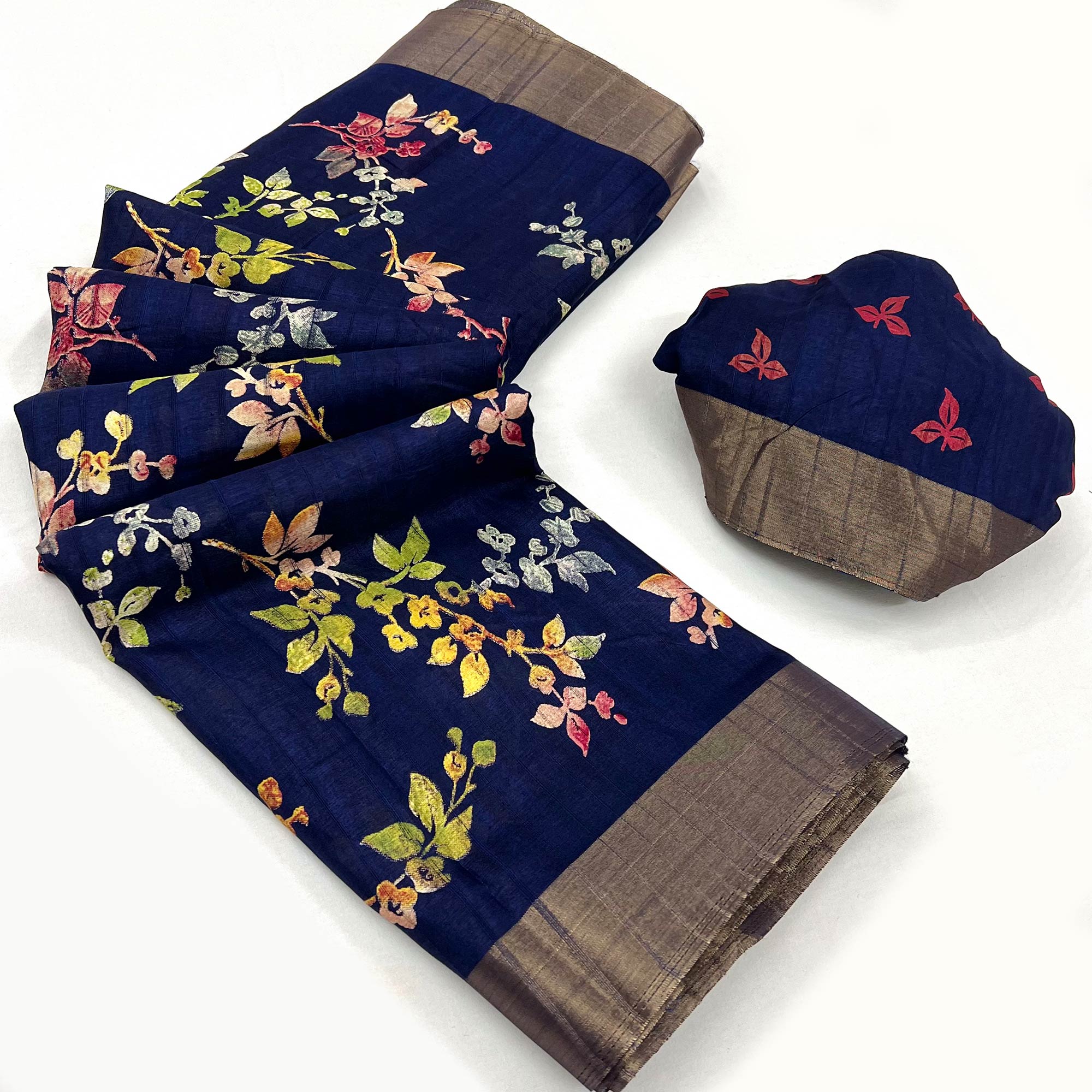 Blue Floral Printed Cotton Silk Saree