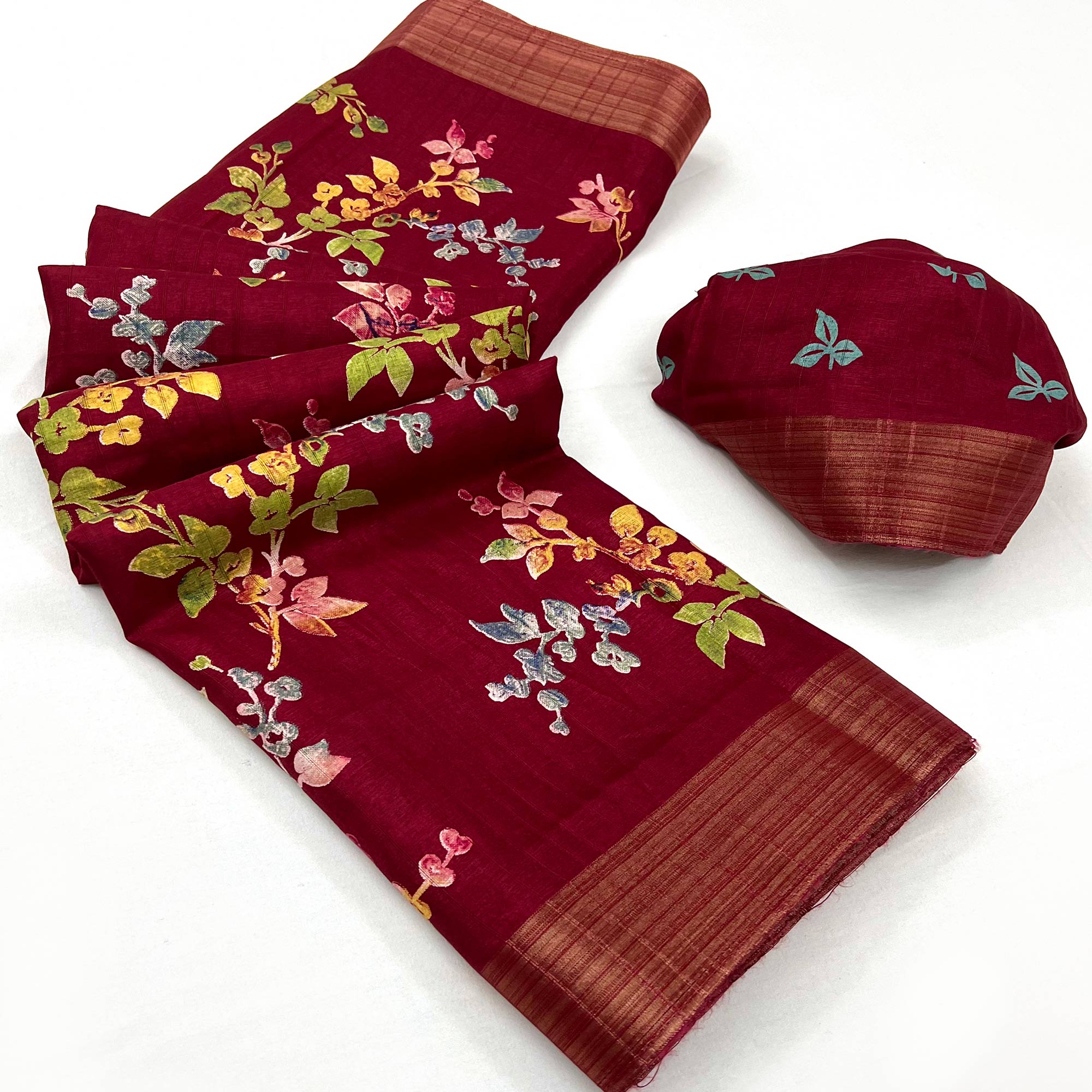 Maroon Floral Printed Cotton Silk Saree