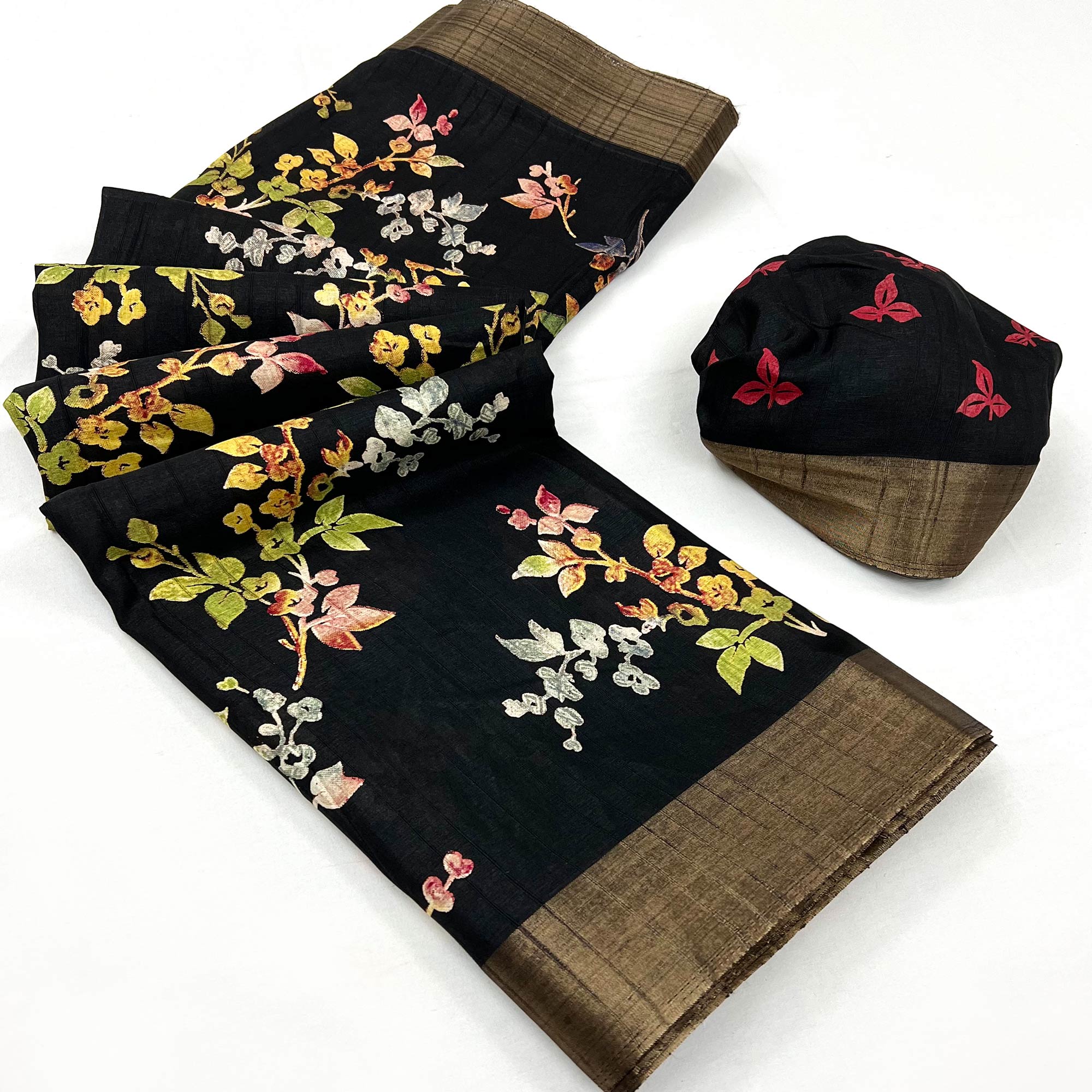 Black Floral Printed Cotton Silk Saree