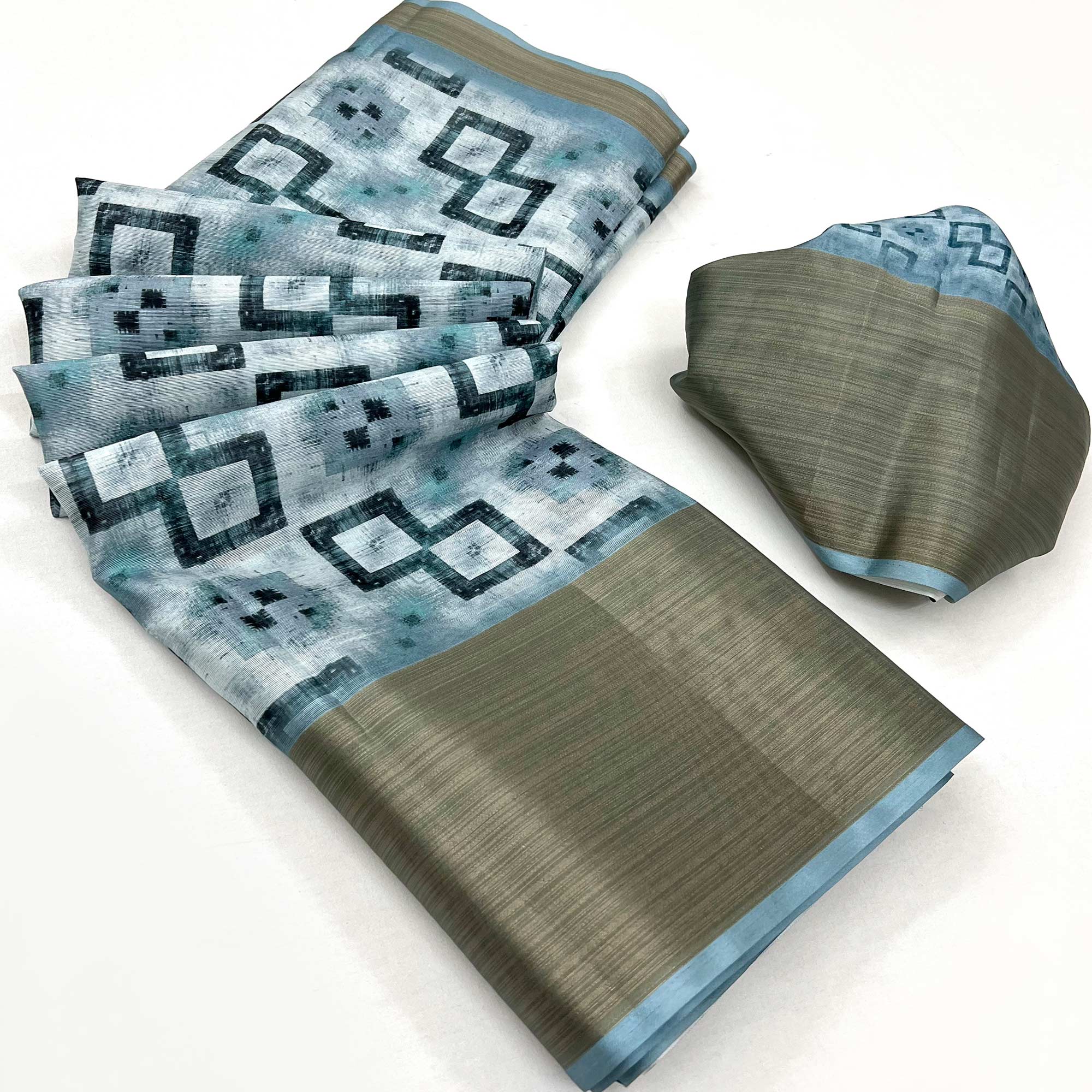 Blue Geometric Printed Cotton Blend Saree
