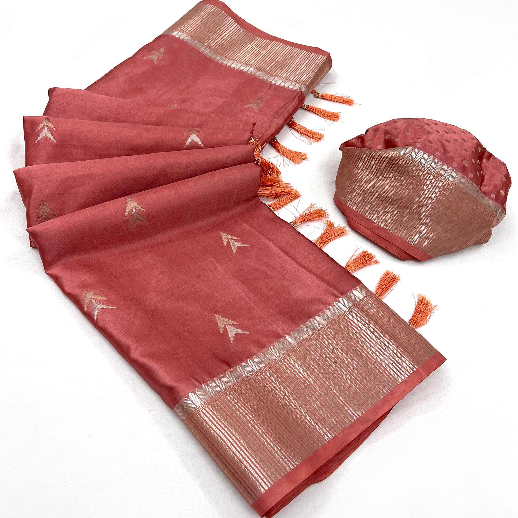Peach Woven Satin Silk Saree With Tassels
