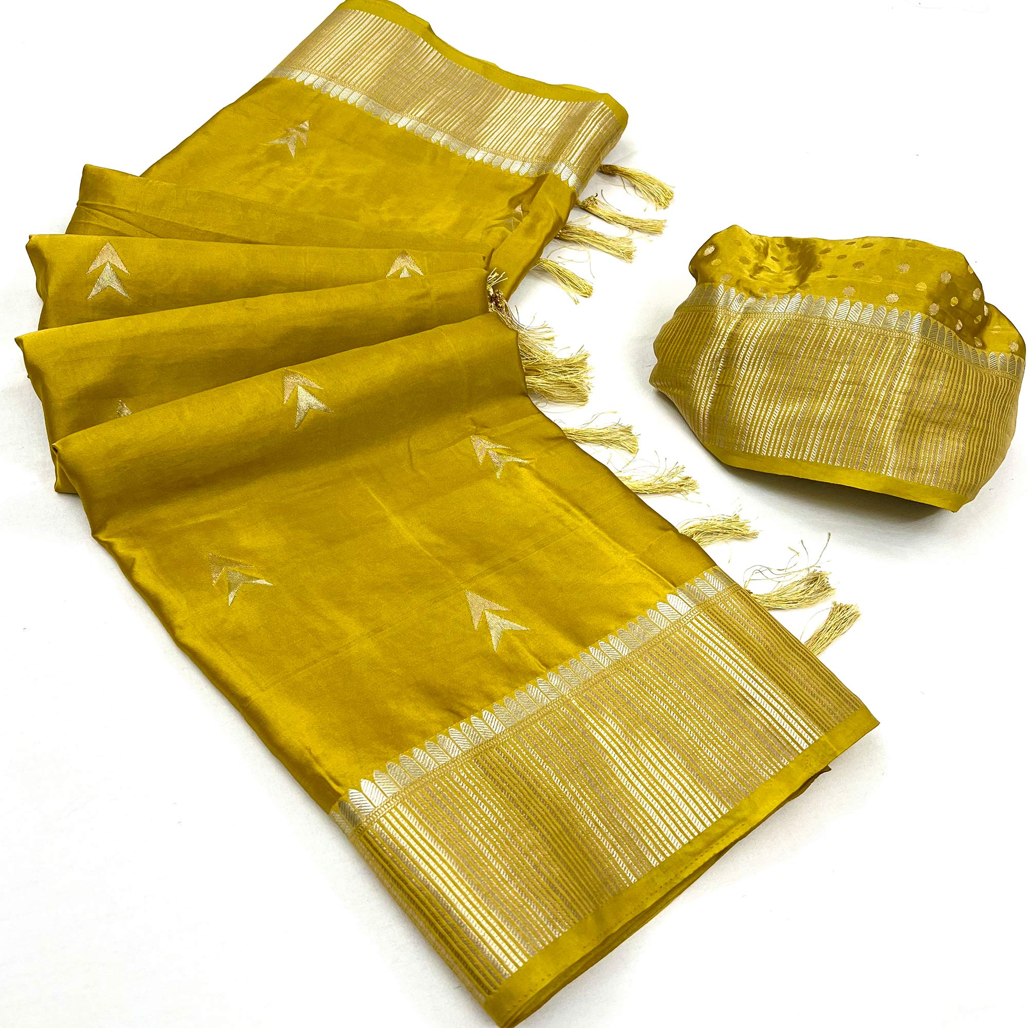 Lemon Yellow Woven Satin Silk Saree With Tassels