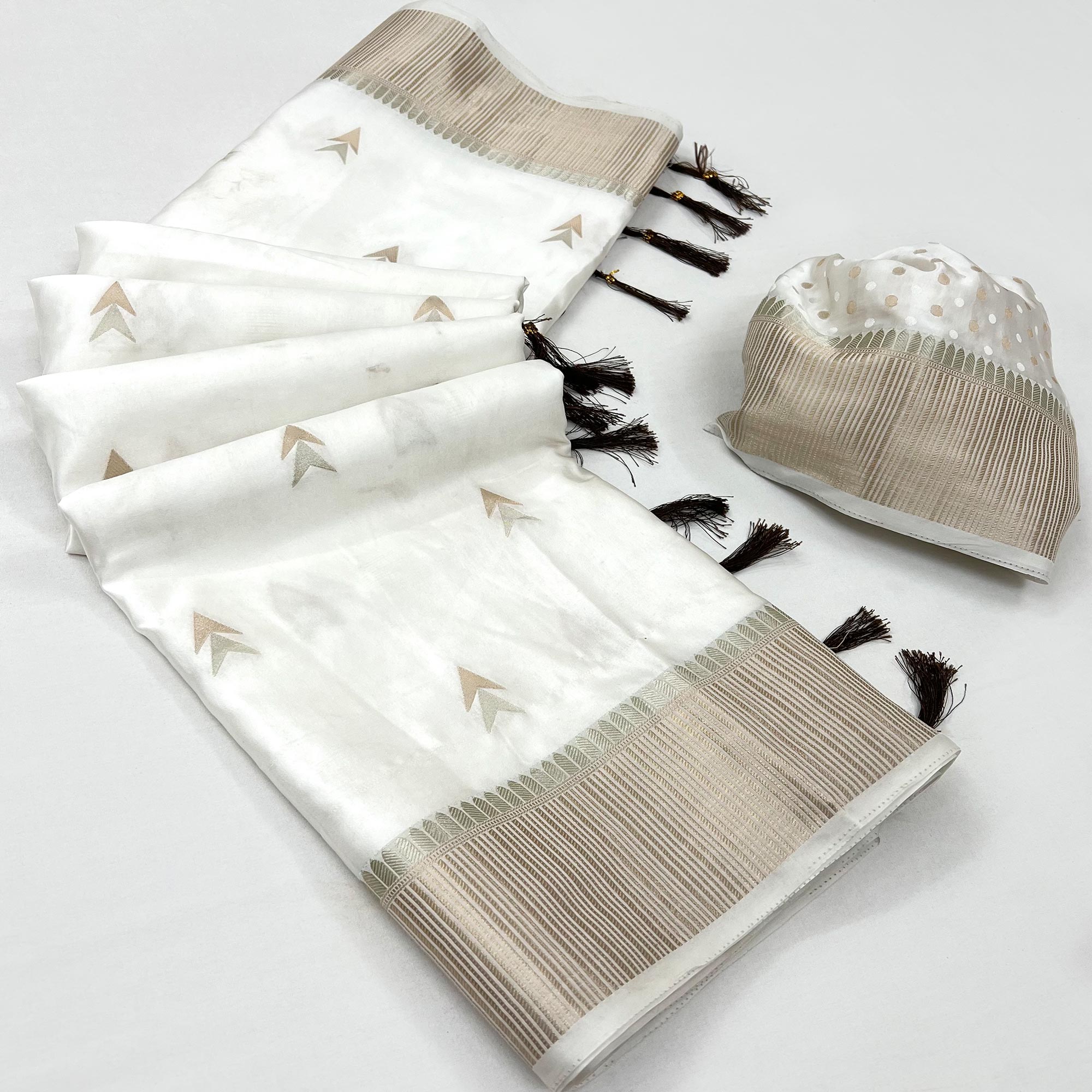 White Woven Satin Silk Saree With Tassels