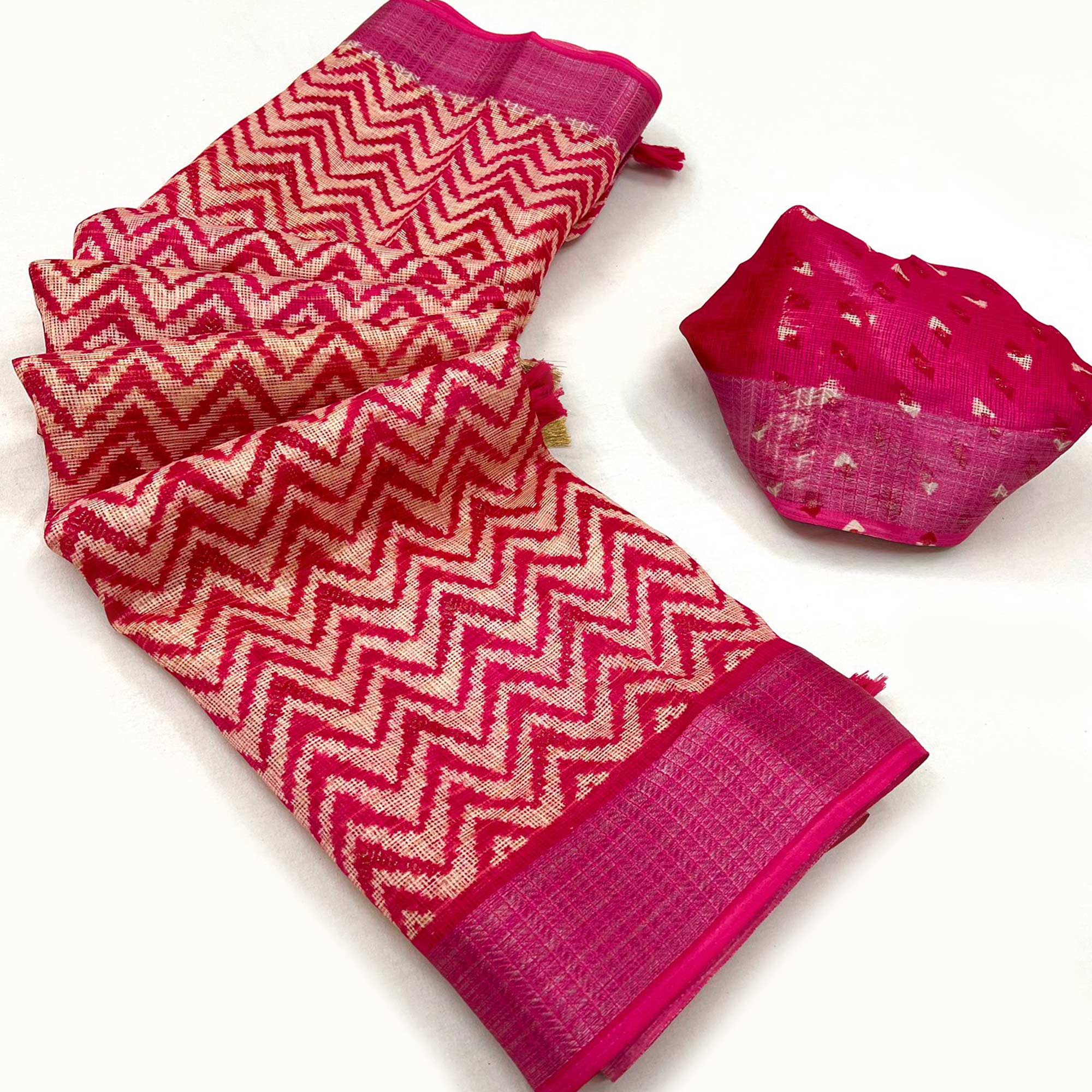 Rani Pink Zig Zag Printed Kota Doria Saree With Tassels