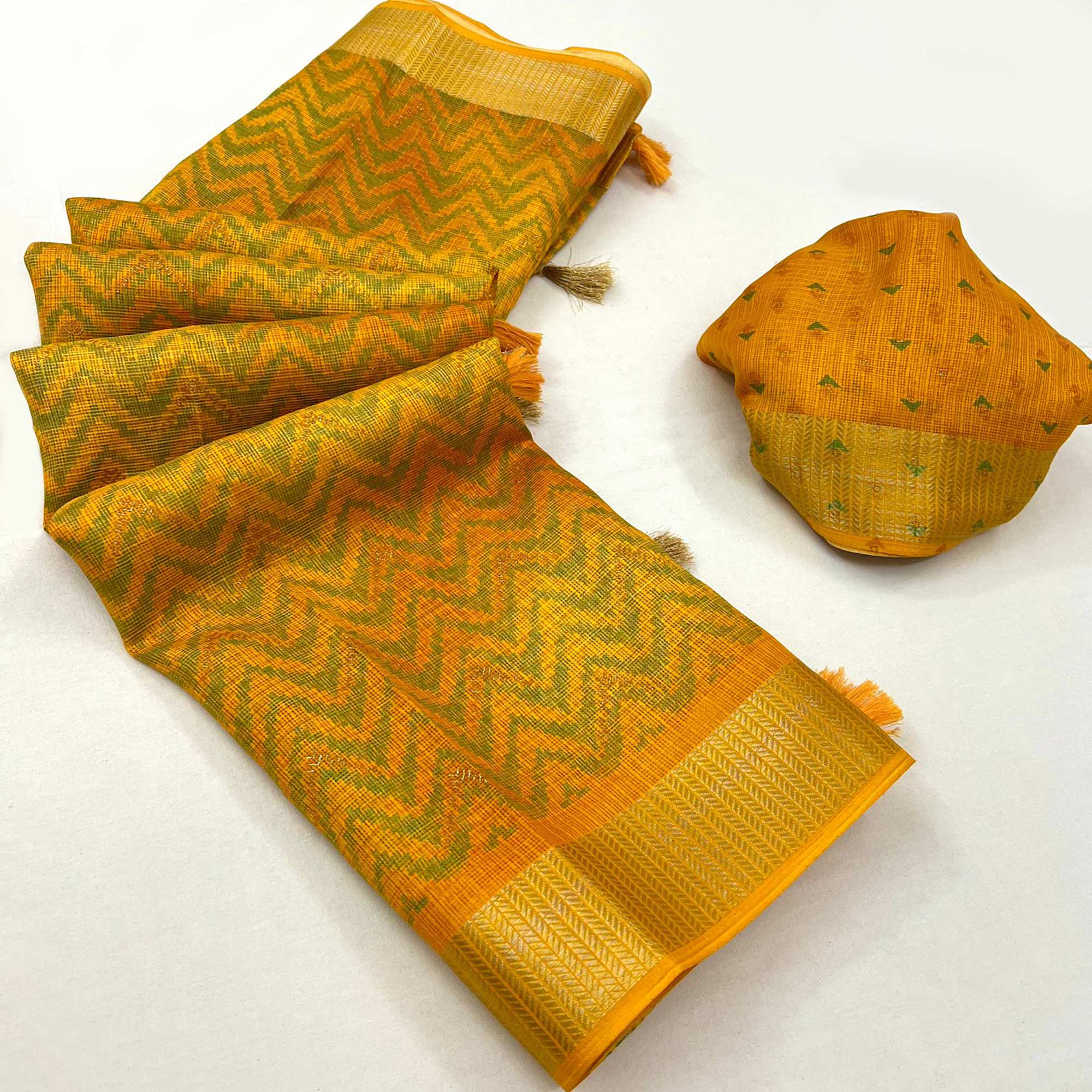 Yellow Zig Zag Printed Kota Doria Saree With Tassels