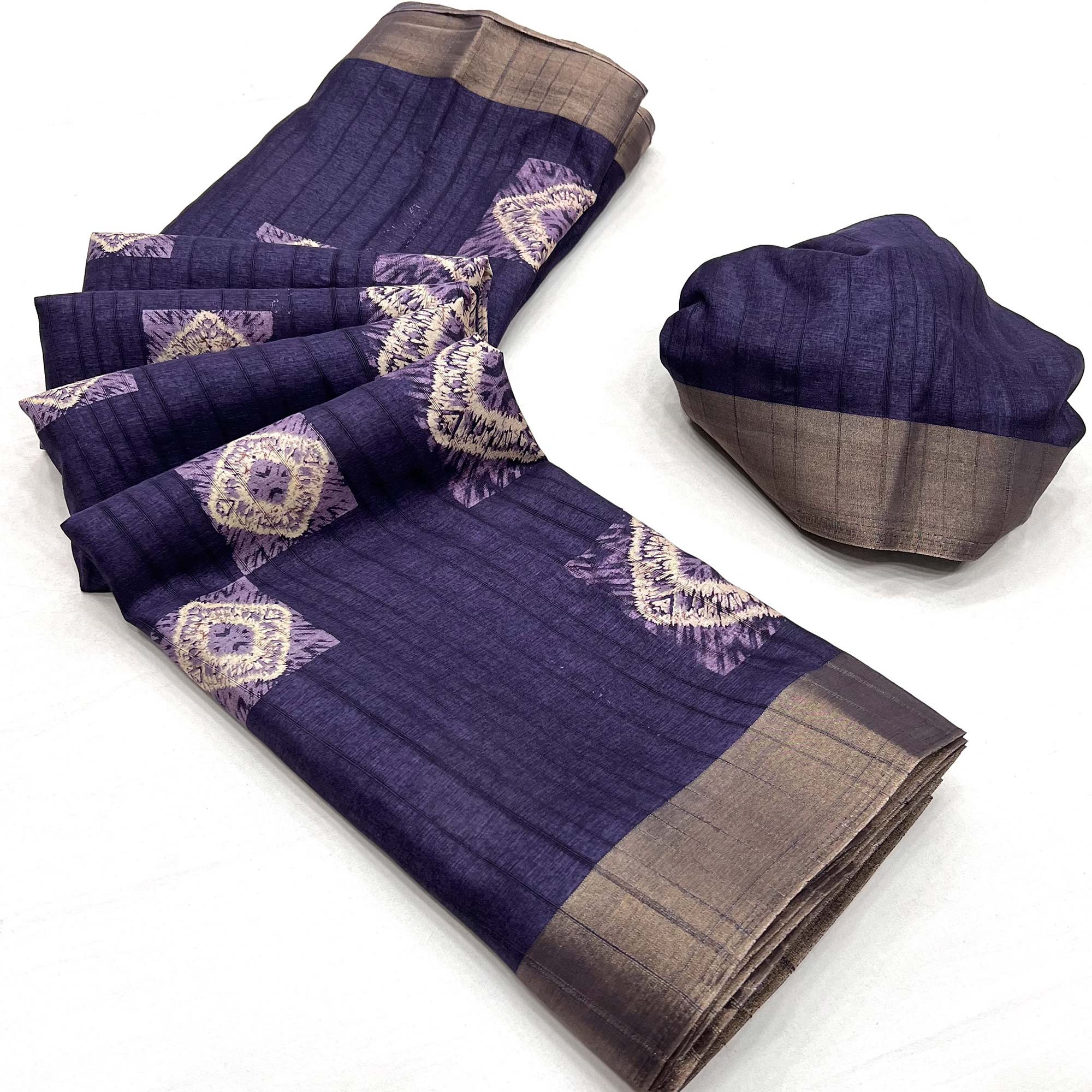 Purple Printed Cotton Blend Saree With Zari Border