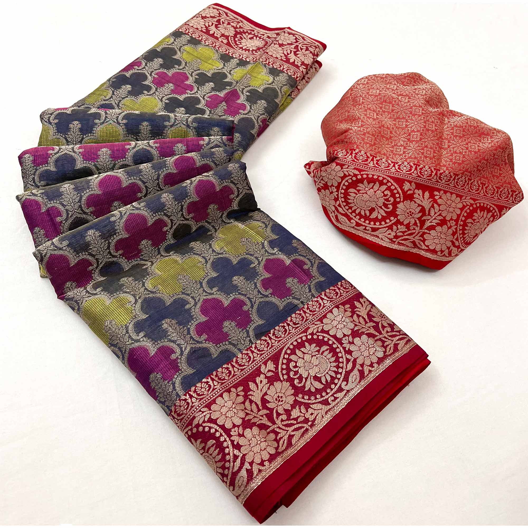 Blue & Red Floral Woven Organza Saree