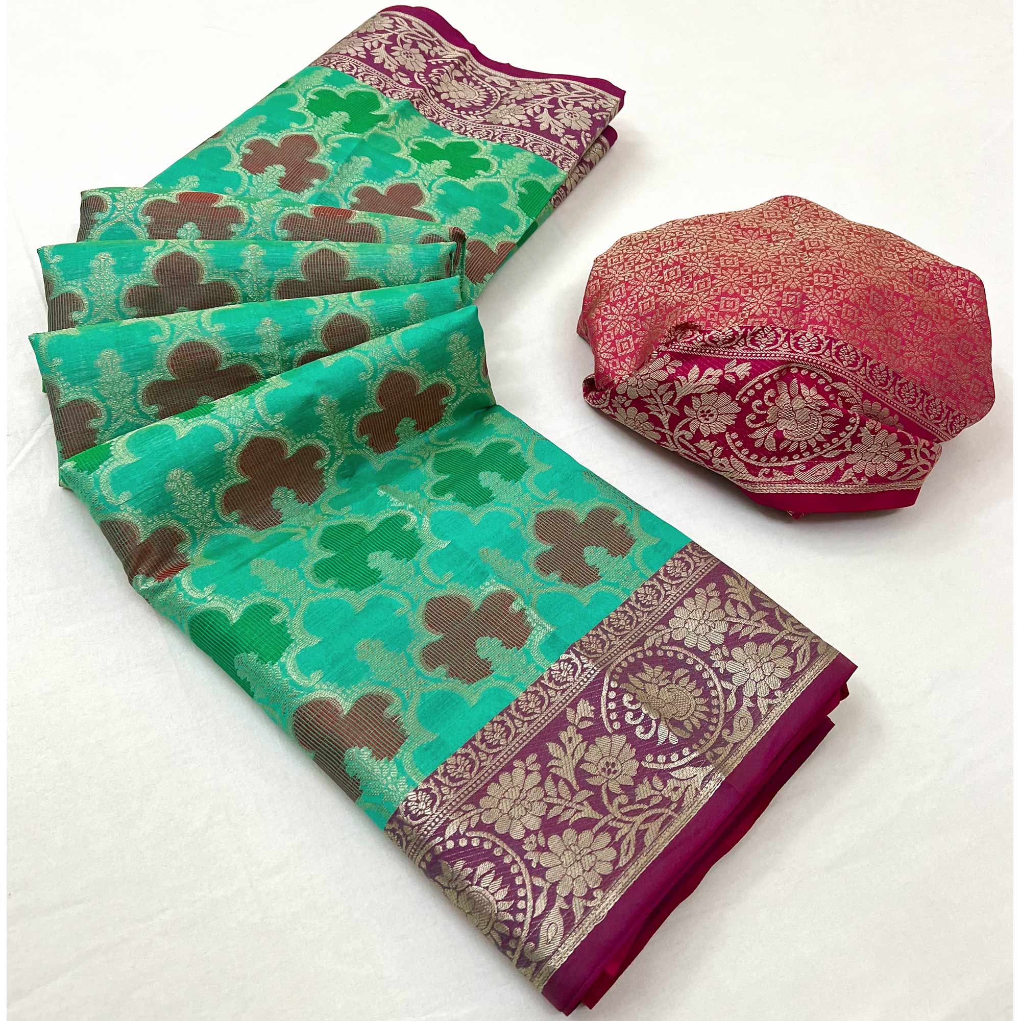 Rama Green & Rani Pink Floral Woven Organza Saree