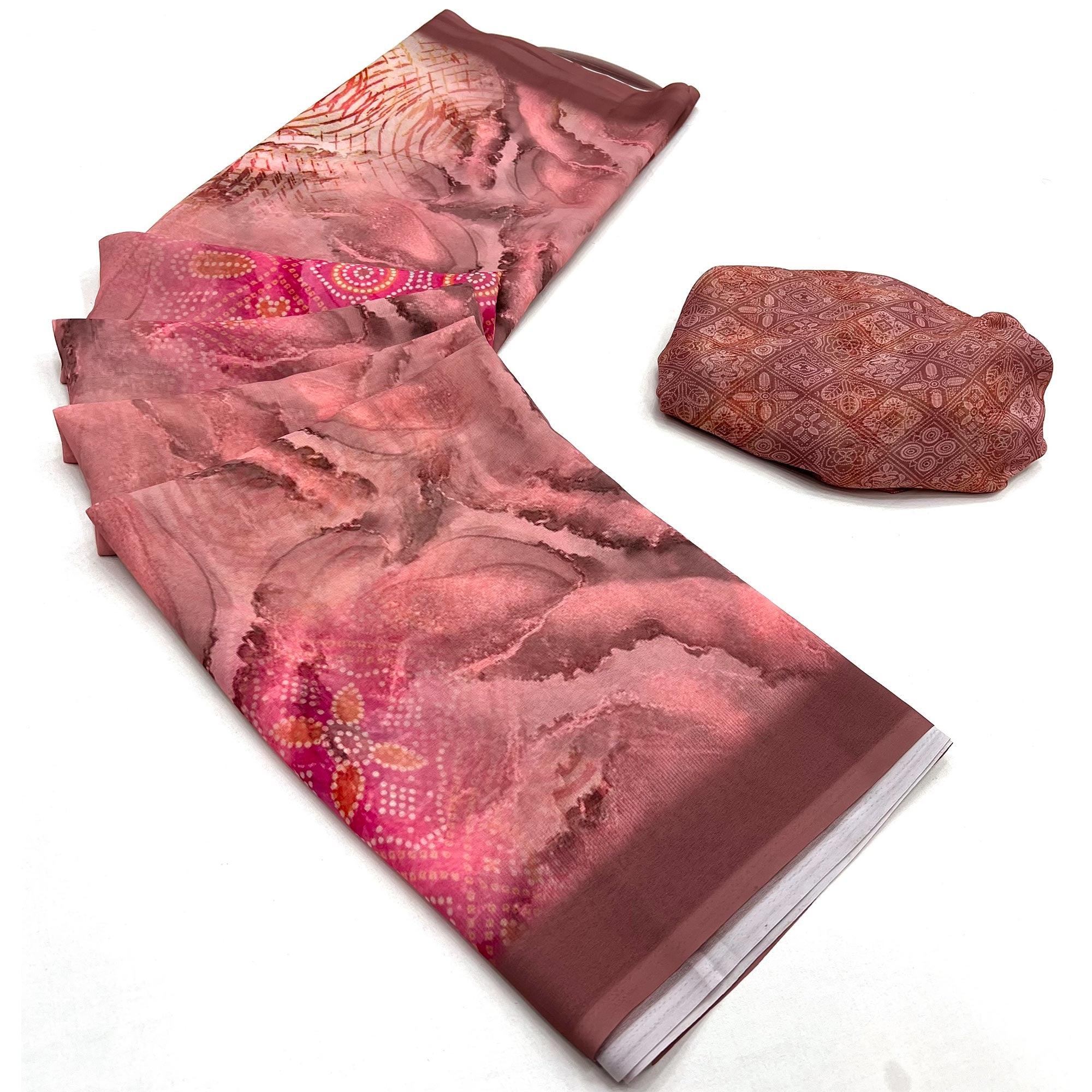 Peach Bandhani Digital Printed Georgette Saree