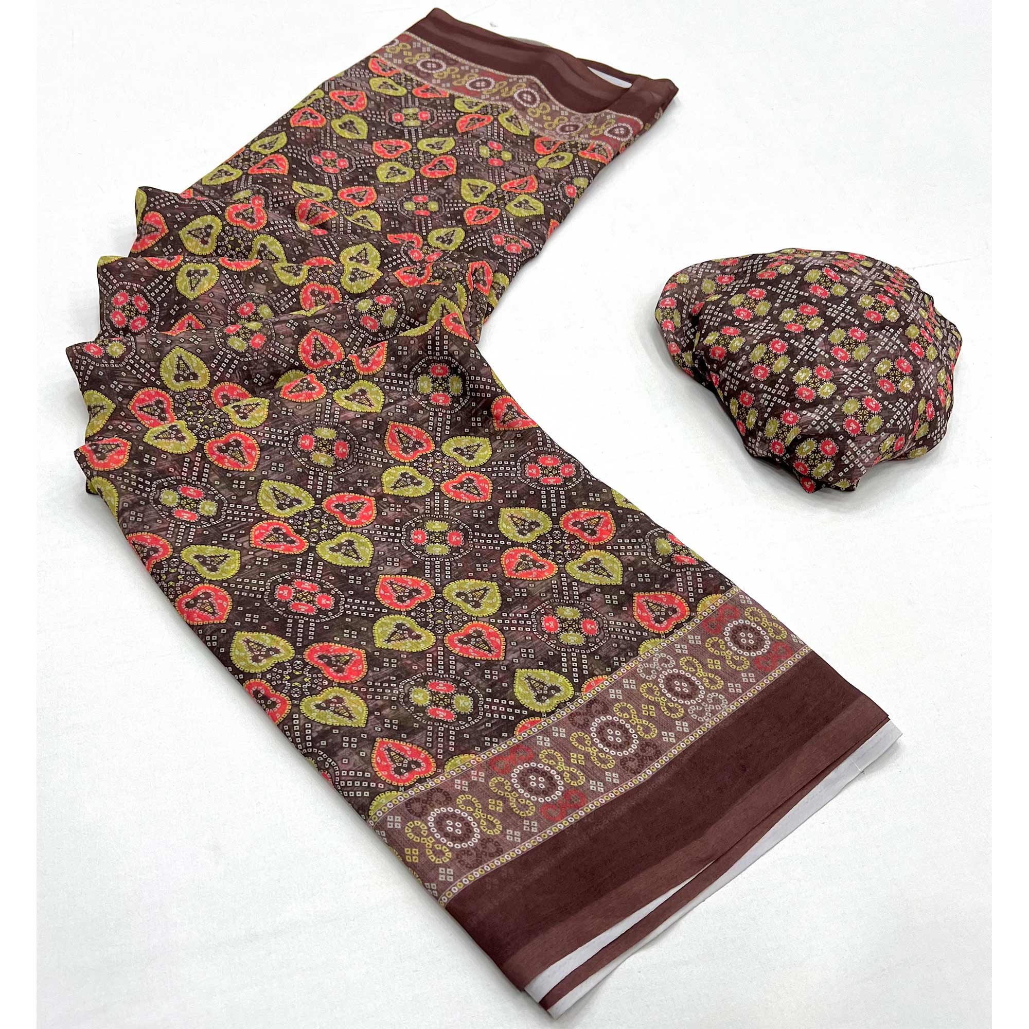 Brown Bandhani Digital Printed Georgette Saree