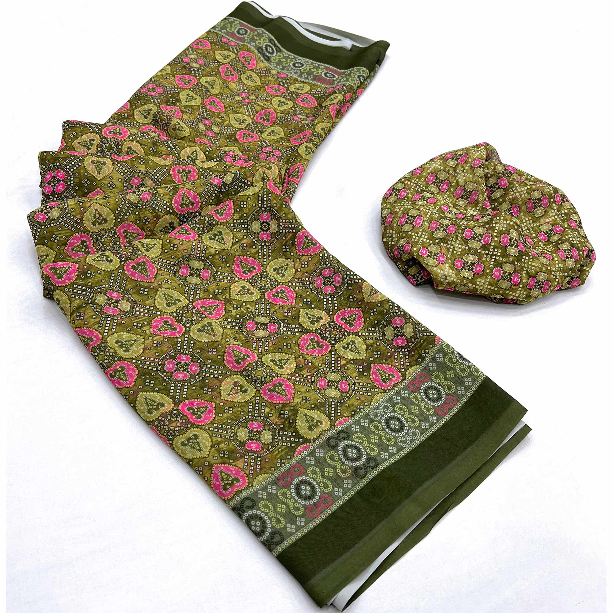 Green Bandhani Digital Printed Georgette Saree