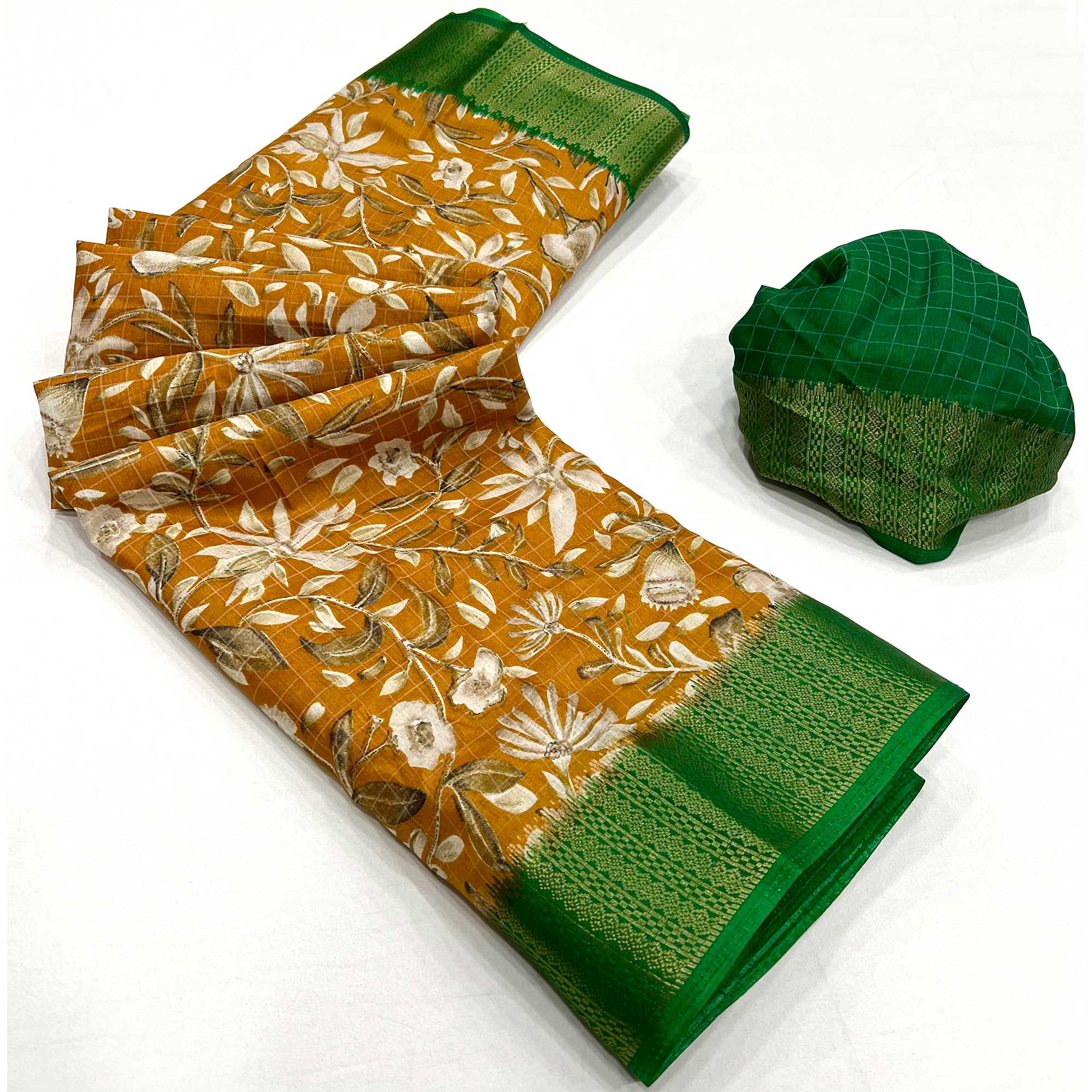 Mustard Floral Printed Dola Silk Saree With Woven Border