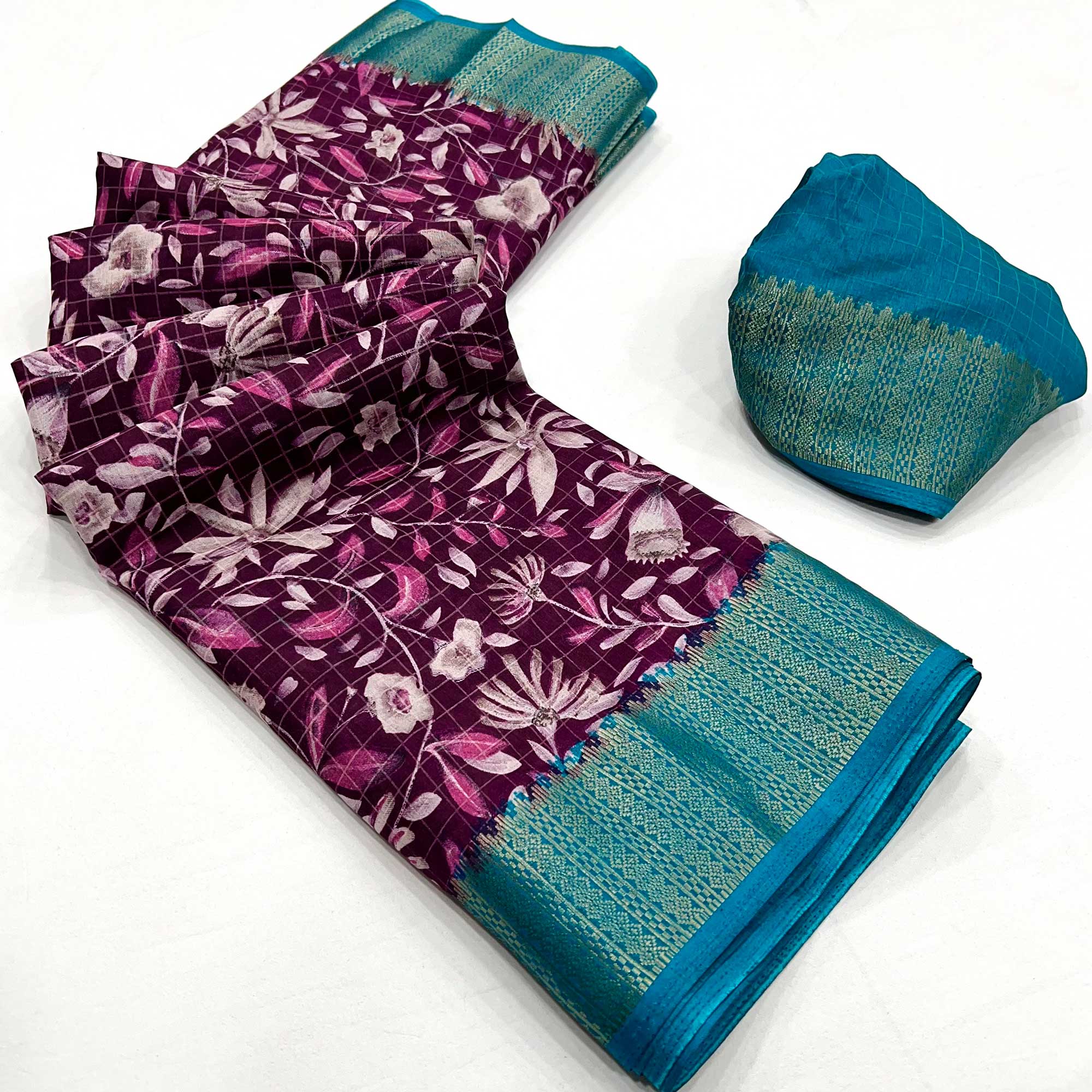Wine Floral Printed Dola Silk Saree With Woven Border
