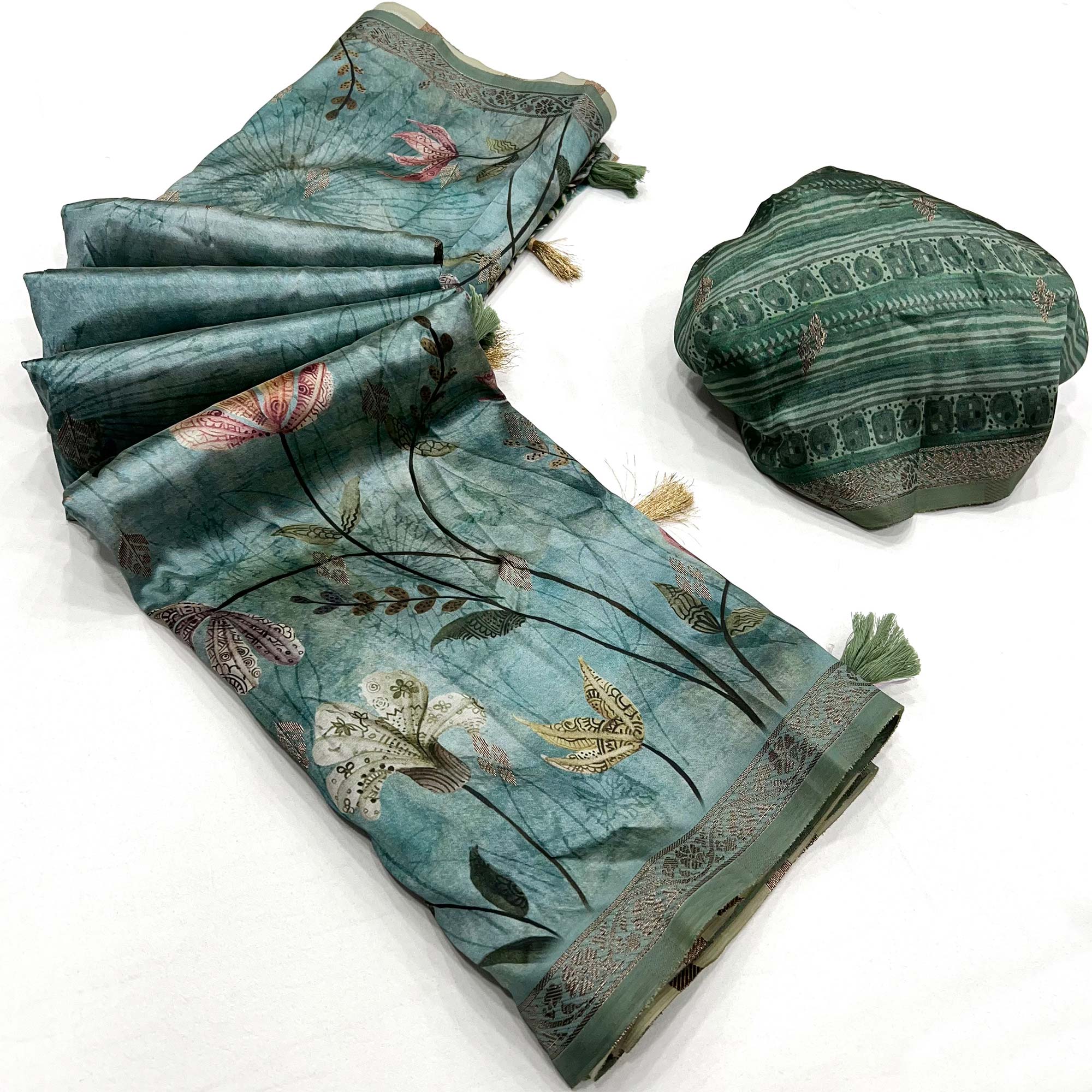 Blue Floral Digital Printed Cotton Silk Saree With Zari Border