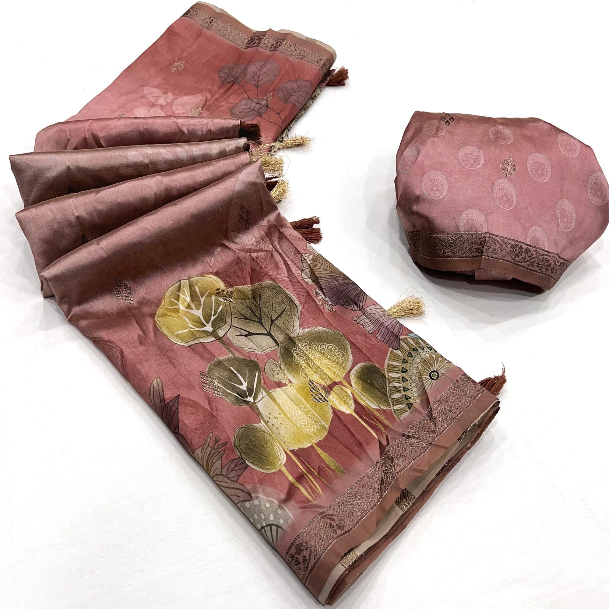 Onion Pink Floral Digital Printed Cotton Silk Saree With Zari Border