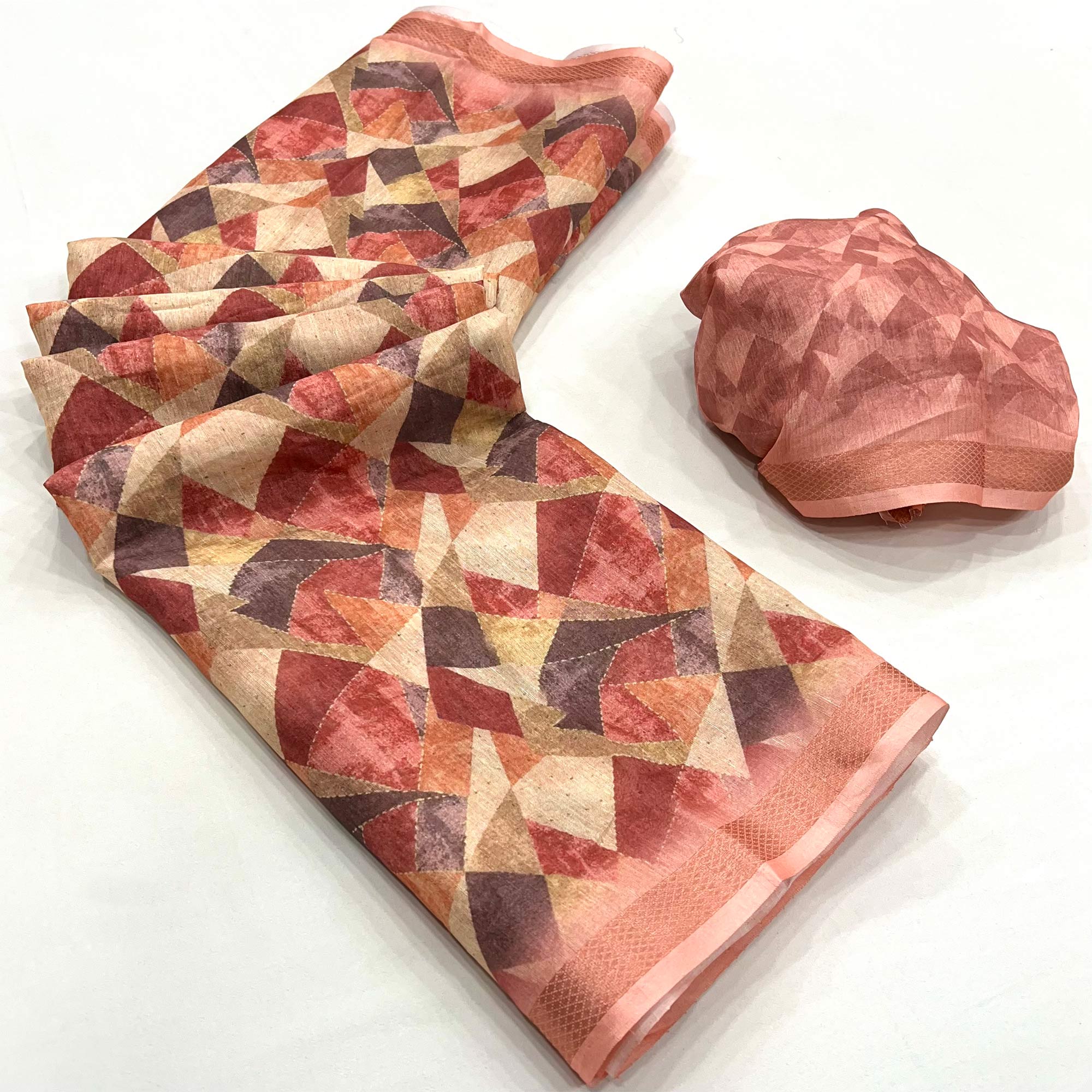 Peach Digital Geometric Printed Cotton Blend Saree With Woven Border