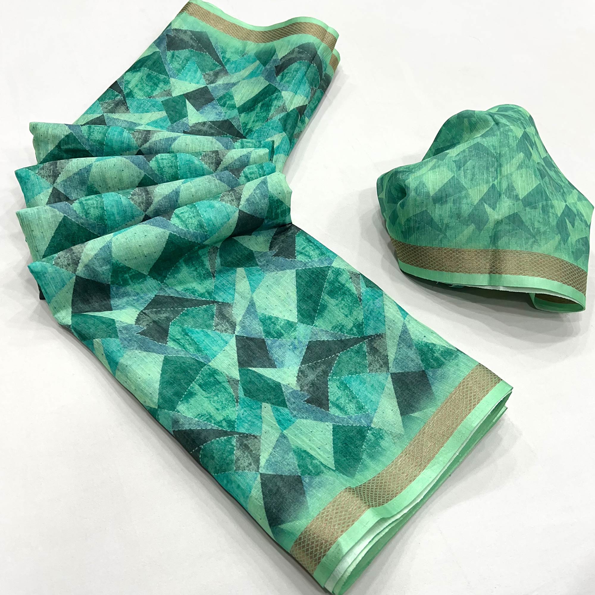 Turquoise Digital Geometric Printed Cotton Blend Saree With Woven Border