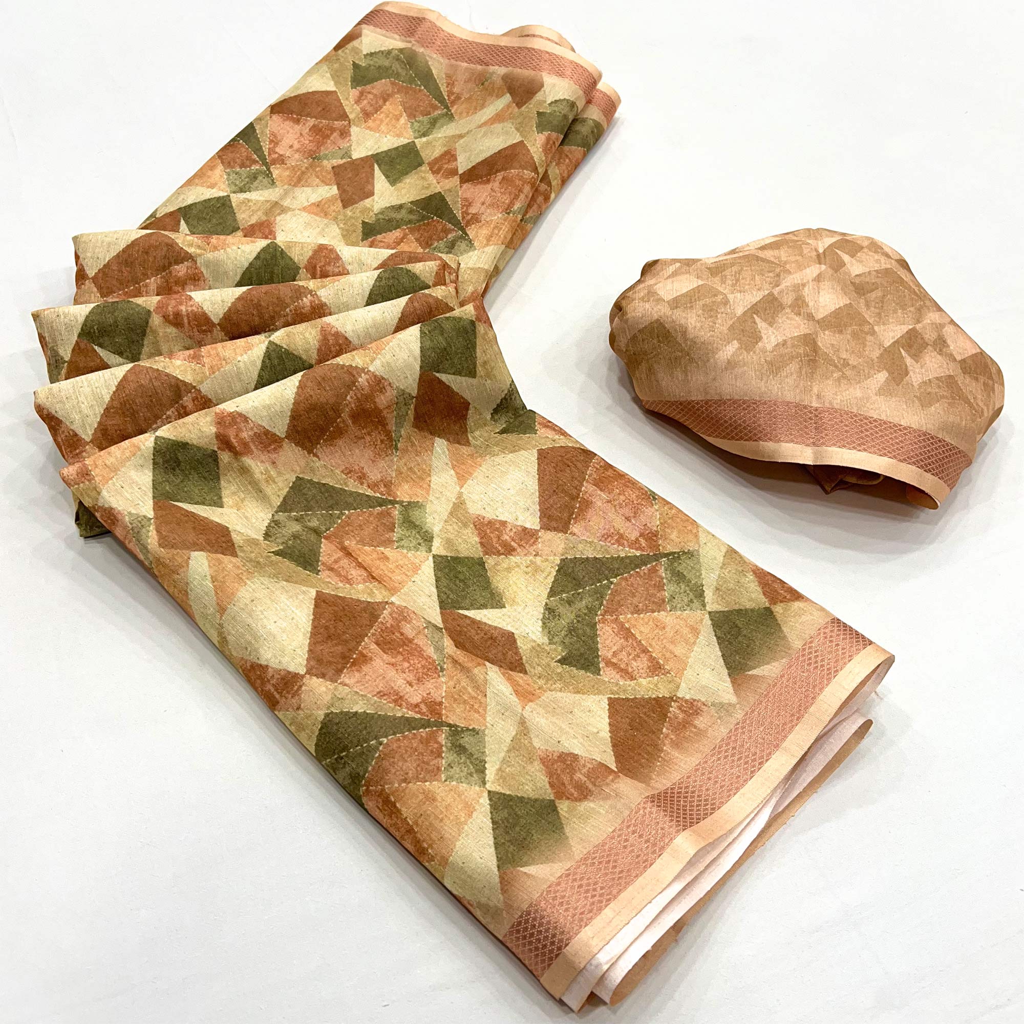 Beige Digital Geometric Printed Cotton Blend Saree With Woven Border