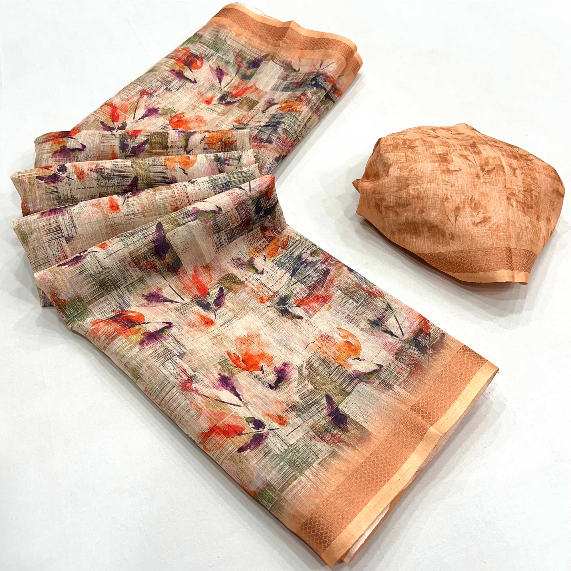 Peach Floral Digital Printed Cotton Blend Saree With Woven Border