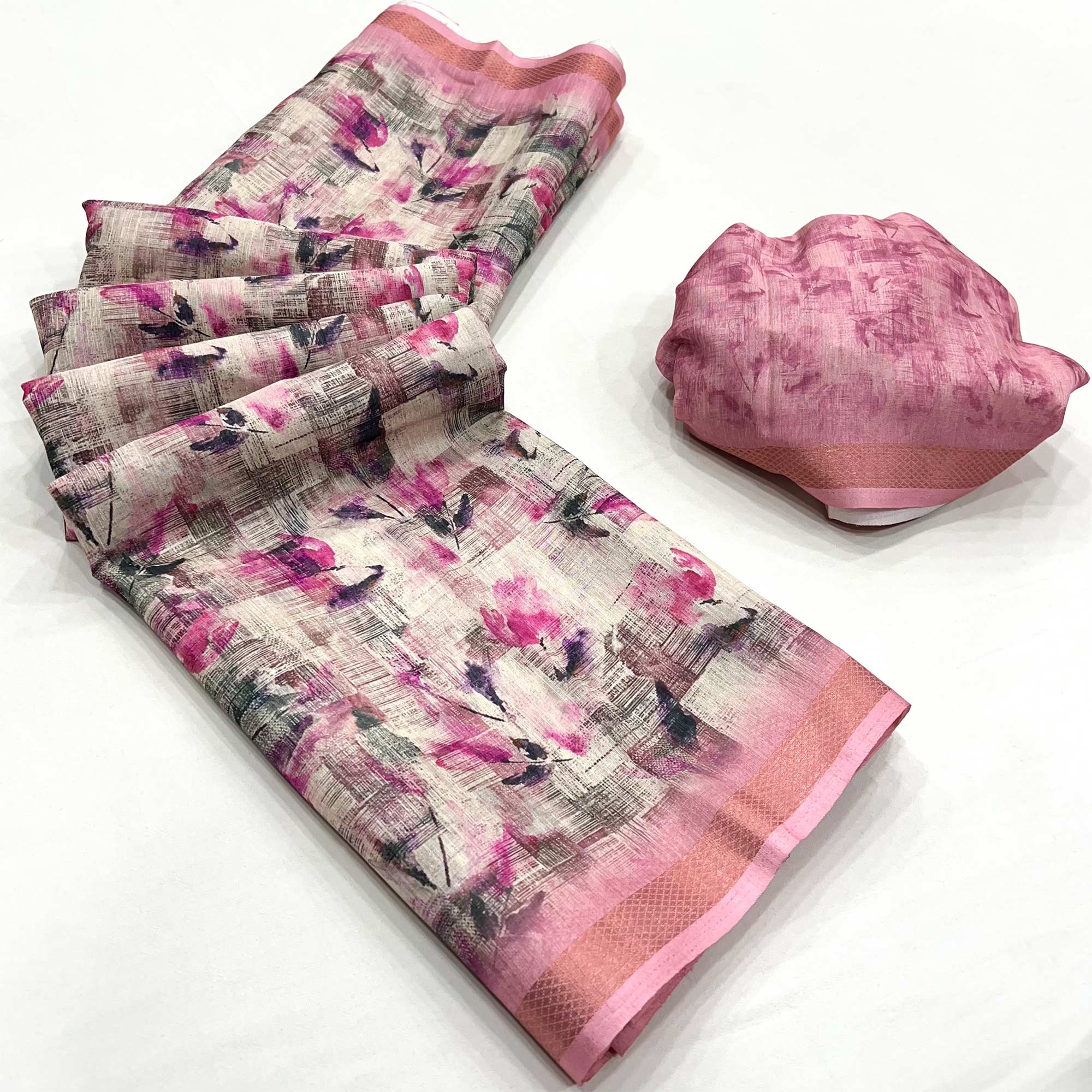 Pink Floral Digital Printed Cotton Blend Saree With Woven Border