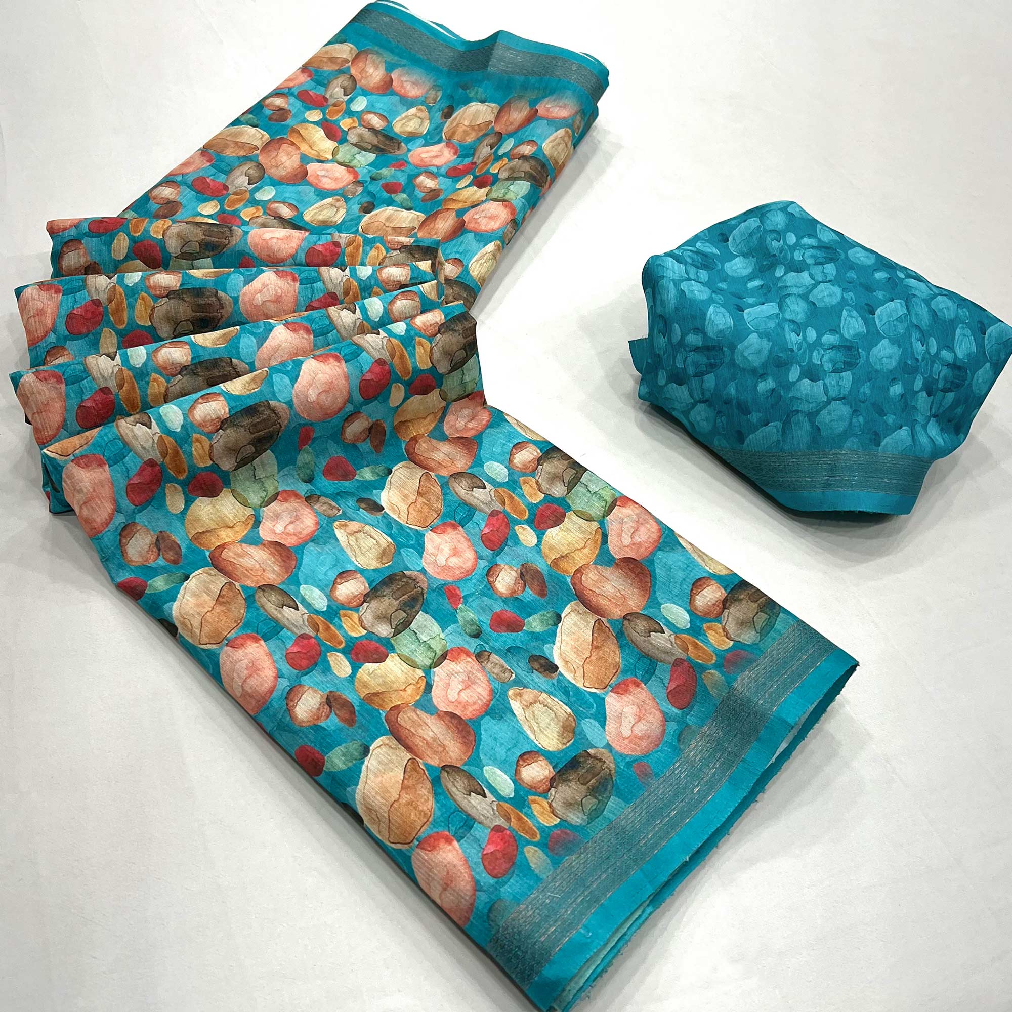 Blue Digital Printed Cotton Blend Saree With Woven Border