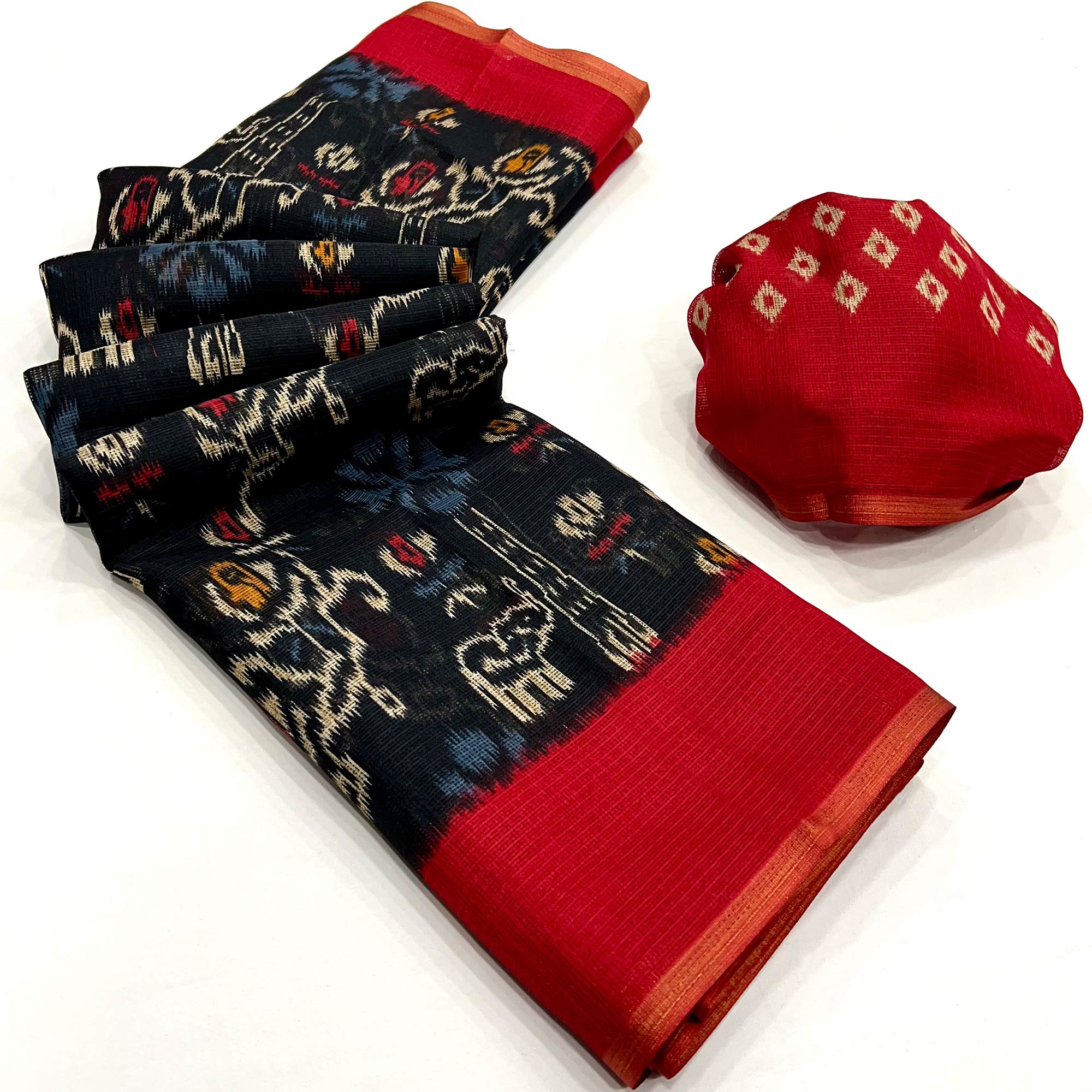 Black Printed Kota Doria Saree With Woven Border